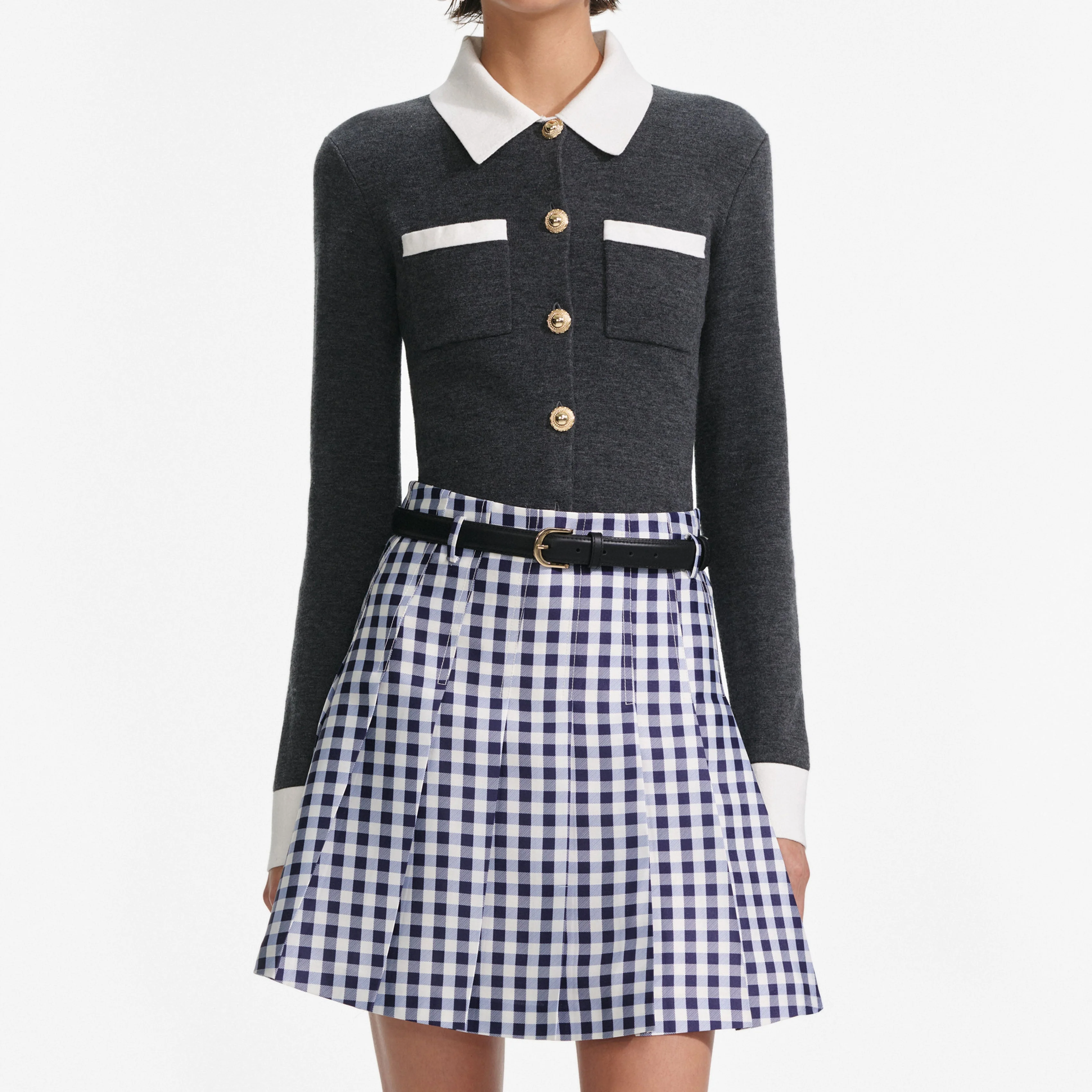 Navy Gingham Pleated Taffeta Mini Skirt - Image 4