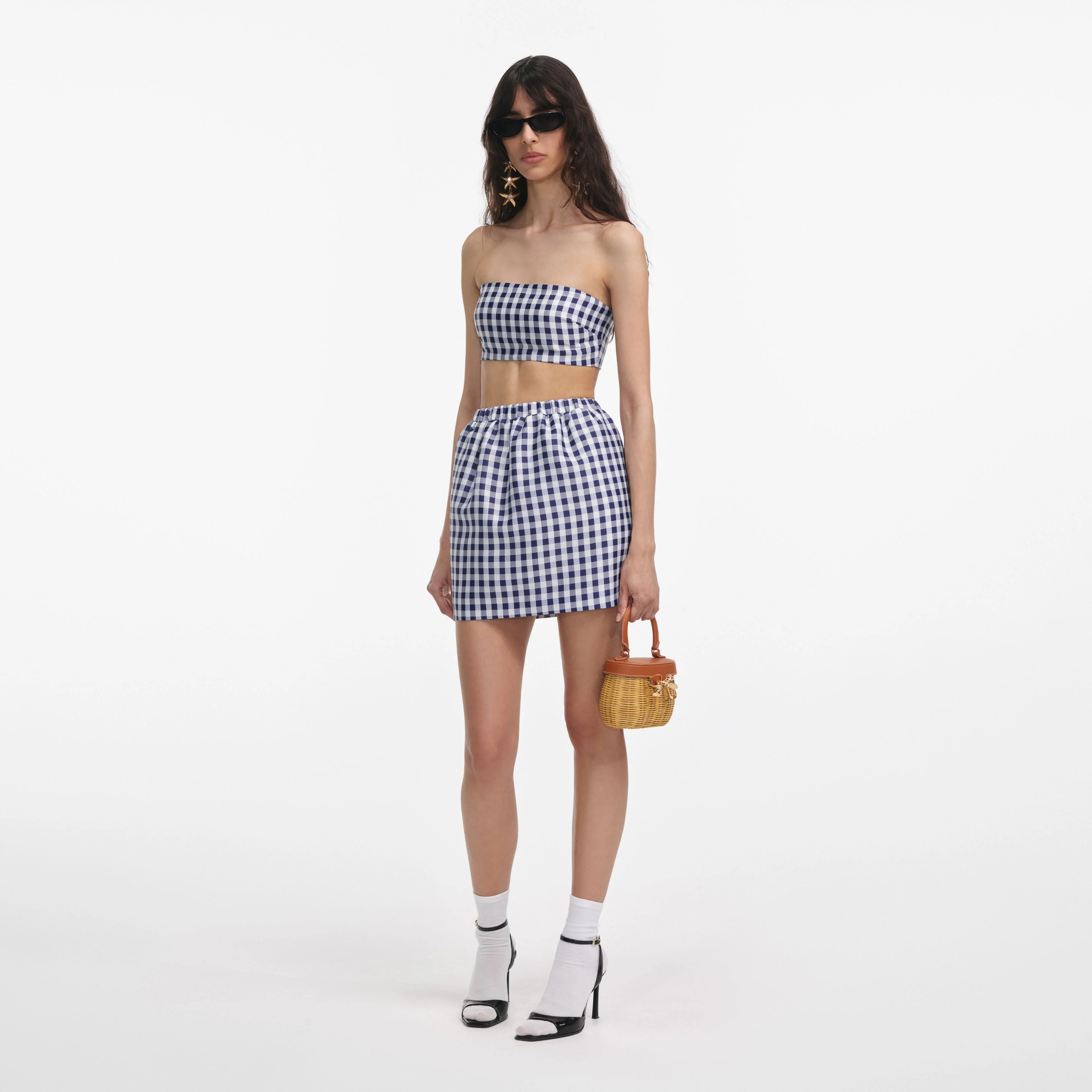 Navy Gingham Taffeta Mini Skirt - Image 2