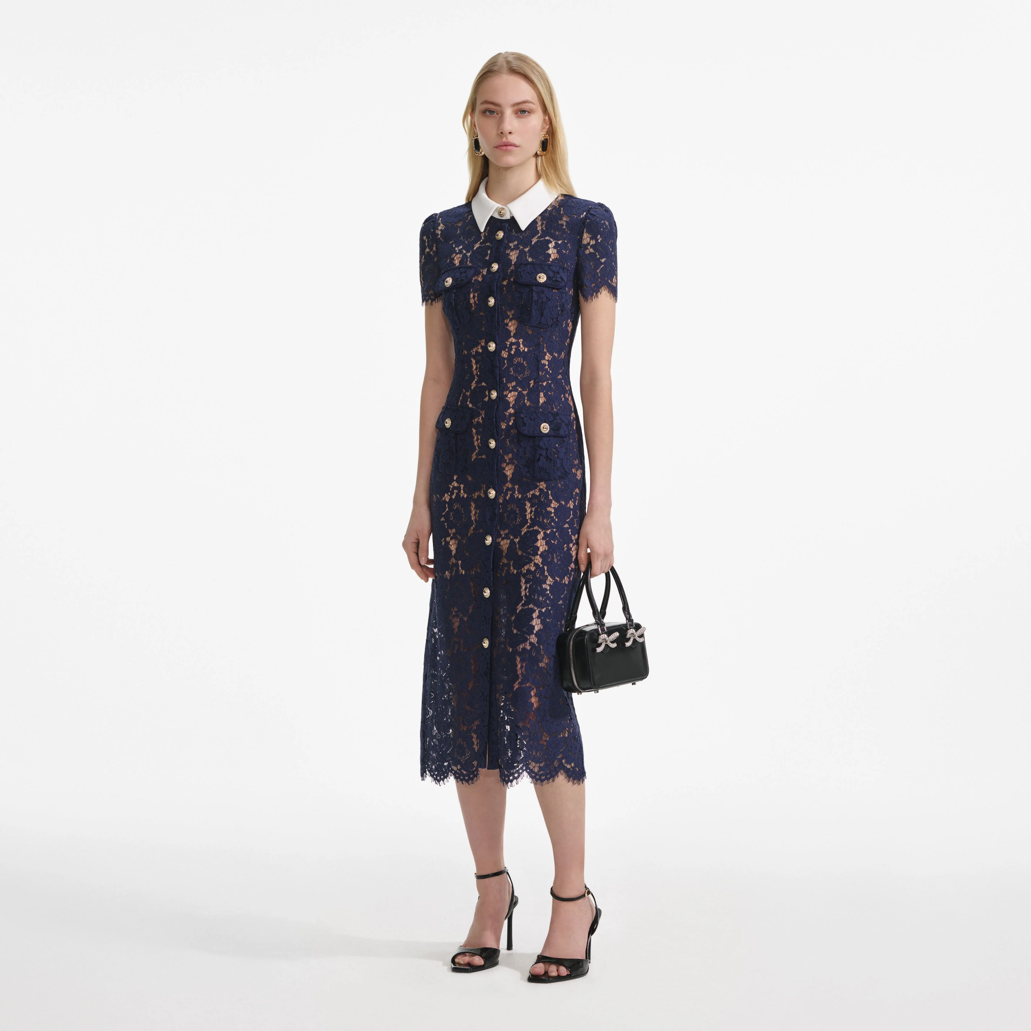 Navy Lace Contrast Collar Midi Dress - Image 2