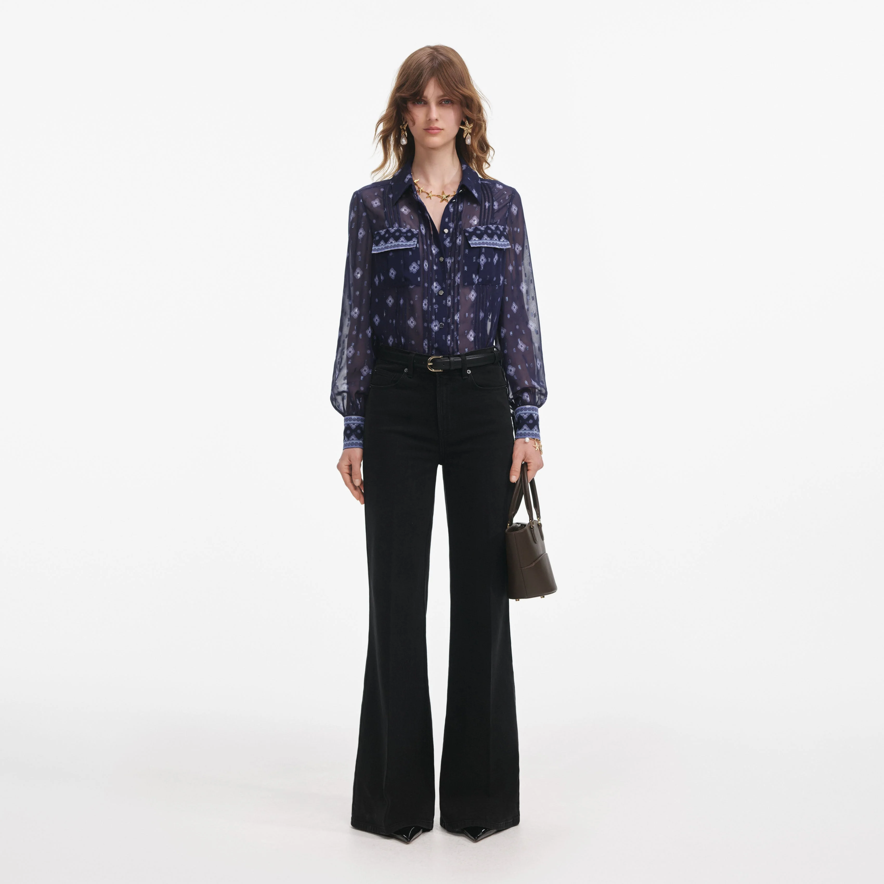 Navy Printed Chiffon Blouse
