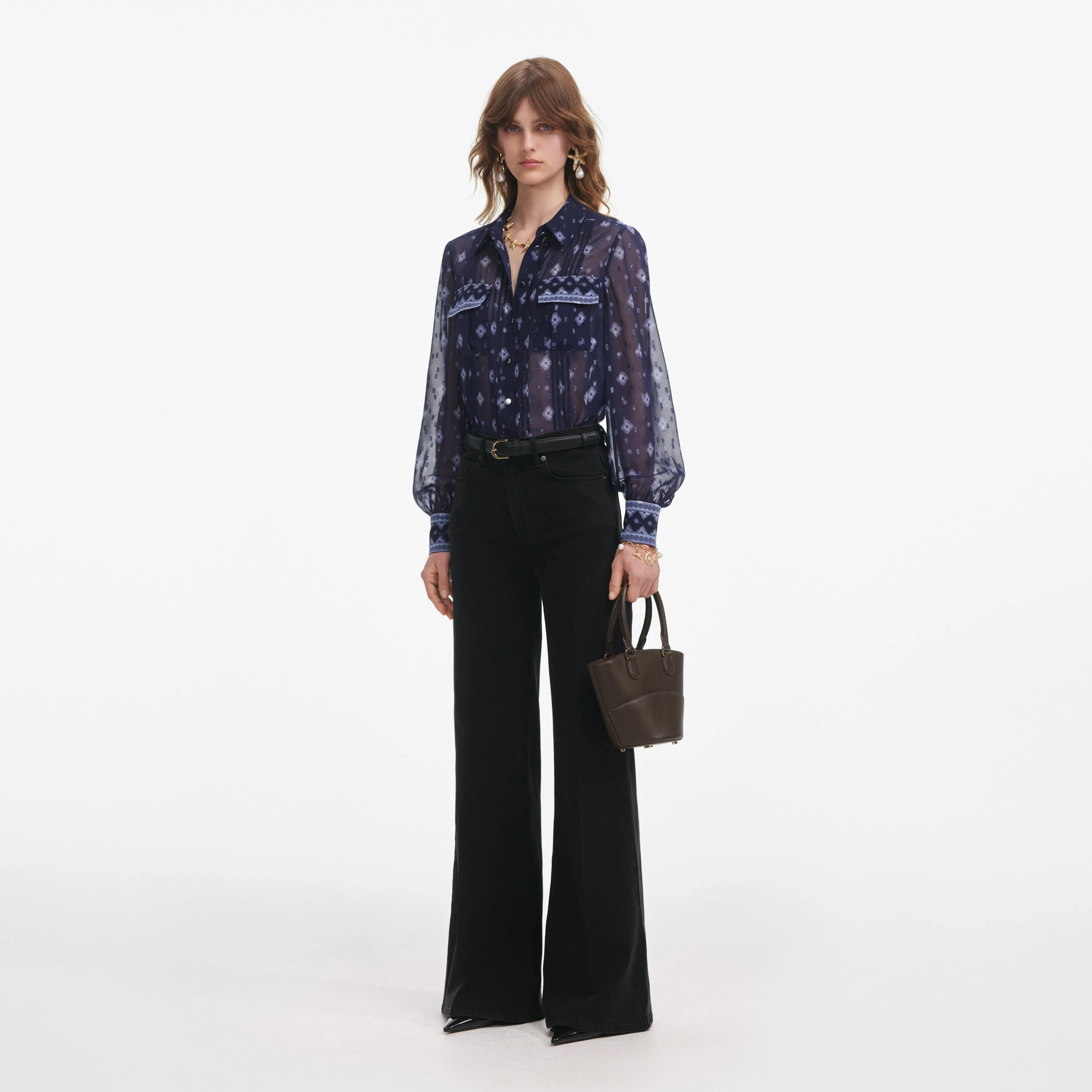 Navy Printed Chiffon Blouse - Image 2