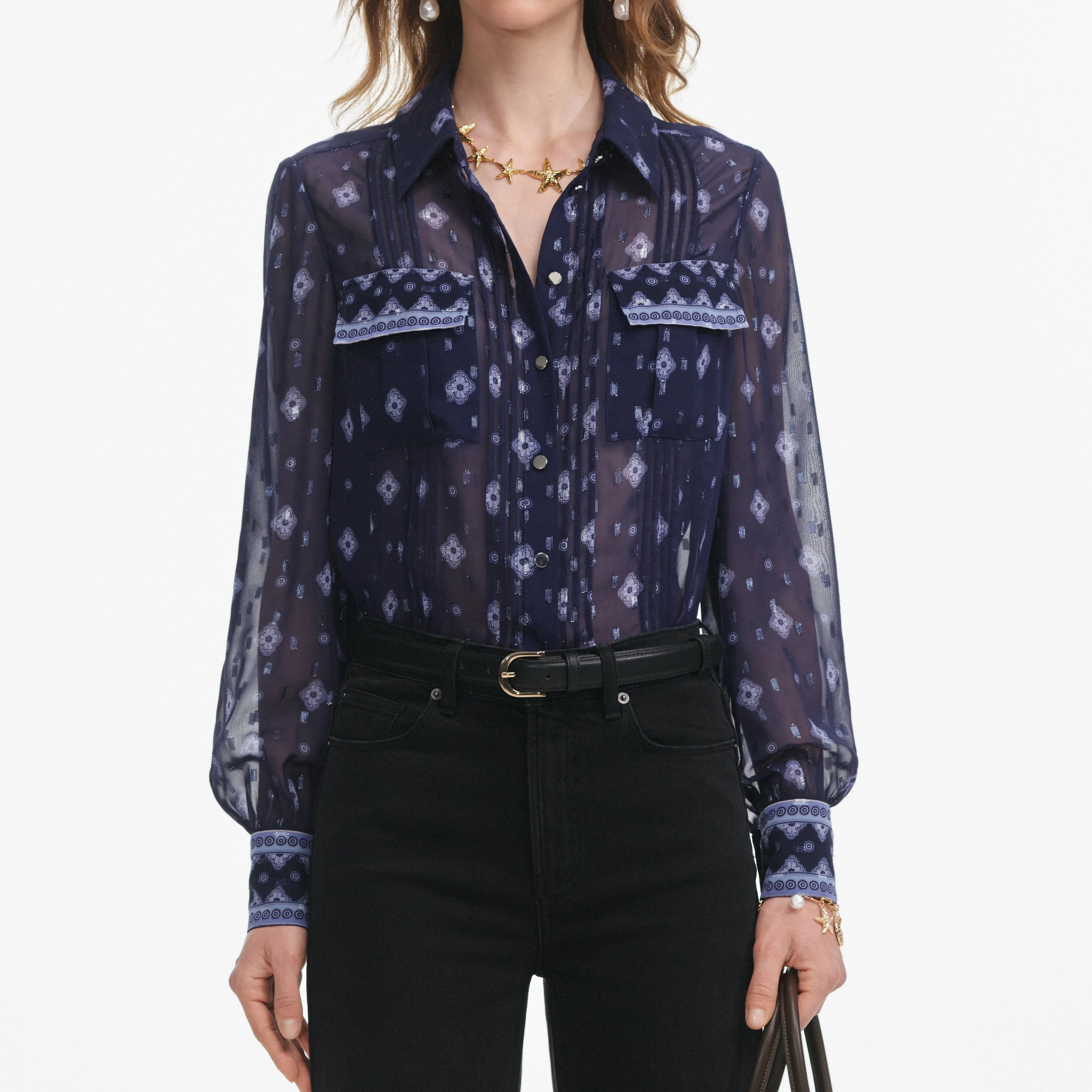 Navy Printed Chiffon Blouse - Image 4