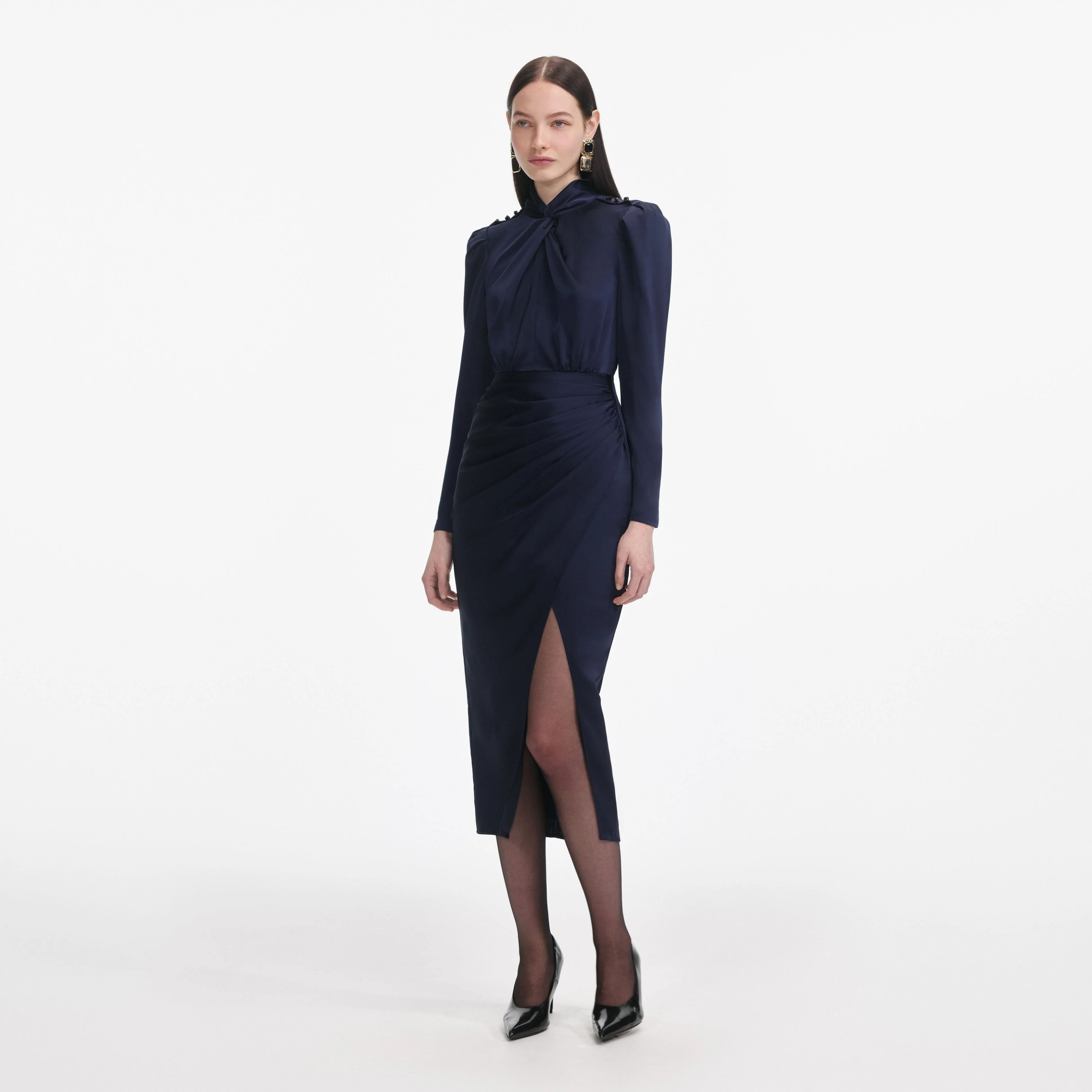 Navy Satin Midi Dress - Image 2
