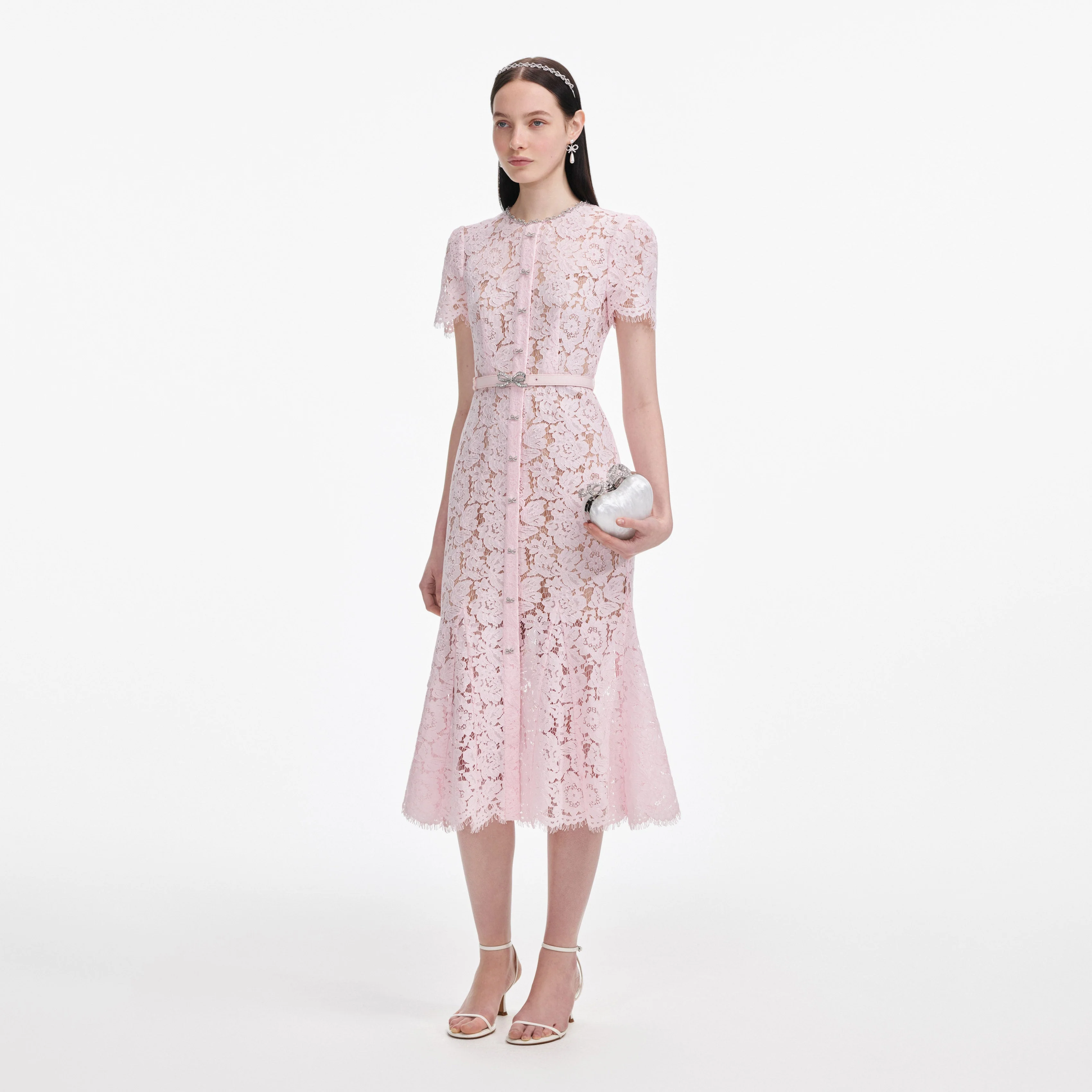 Pink Lace Bow Trim Midi Dress - Image 2