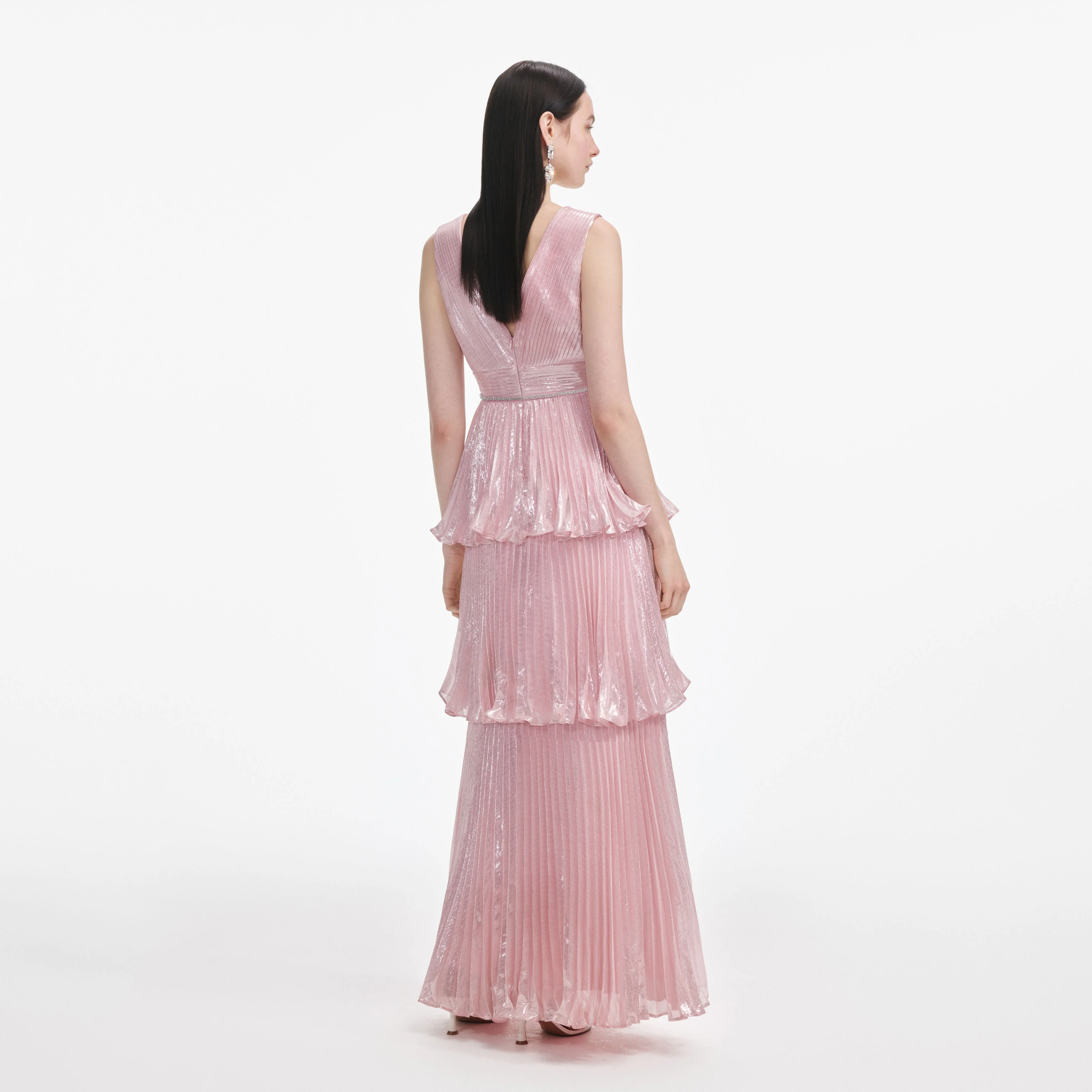 Pink Metallic Tiered Maxi Dress - Image 3