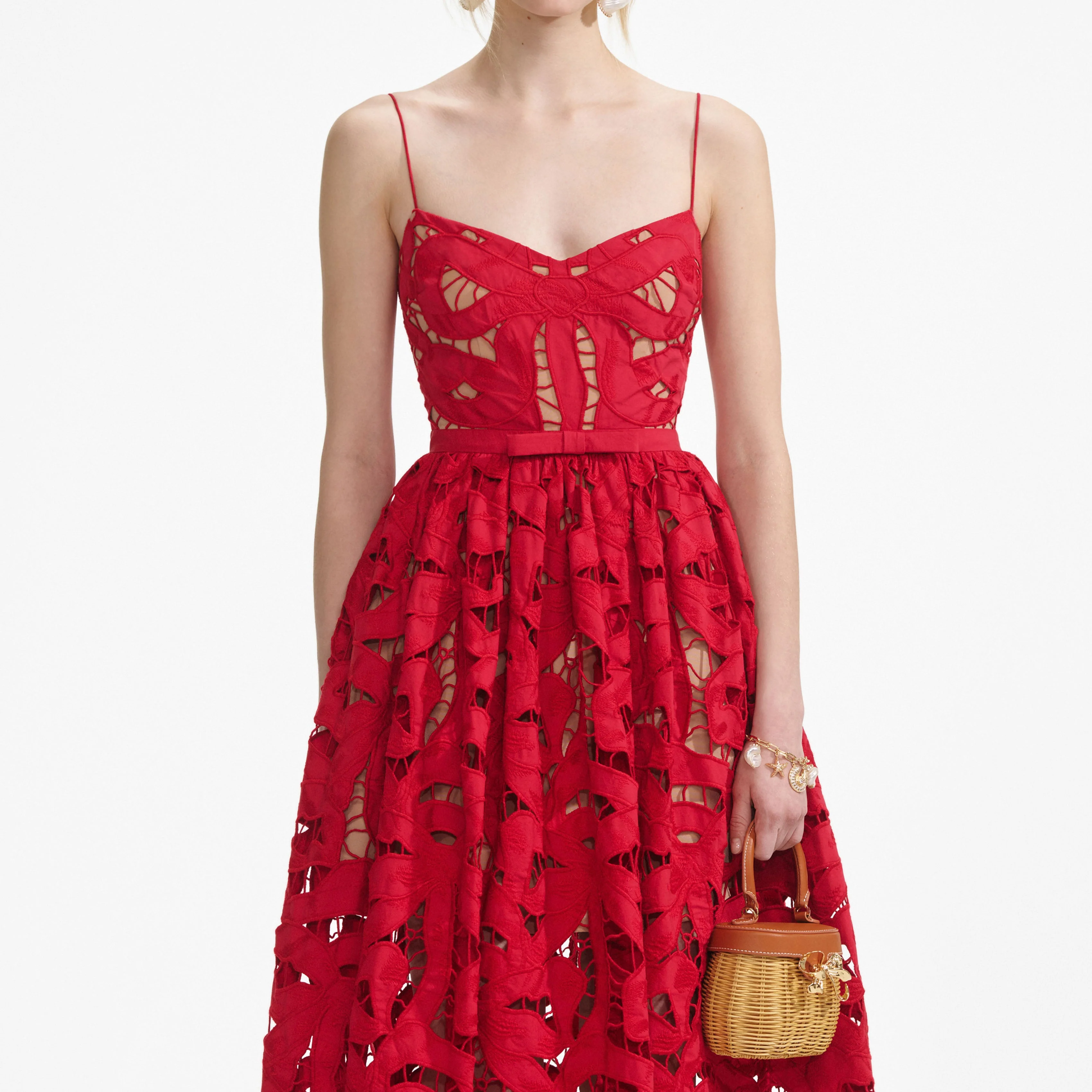 Red Bow Embroidered Midi Dress - Image 4