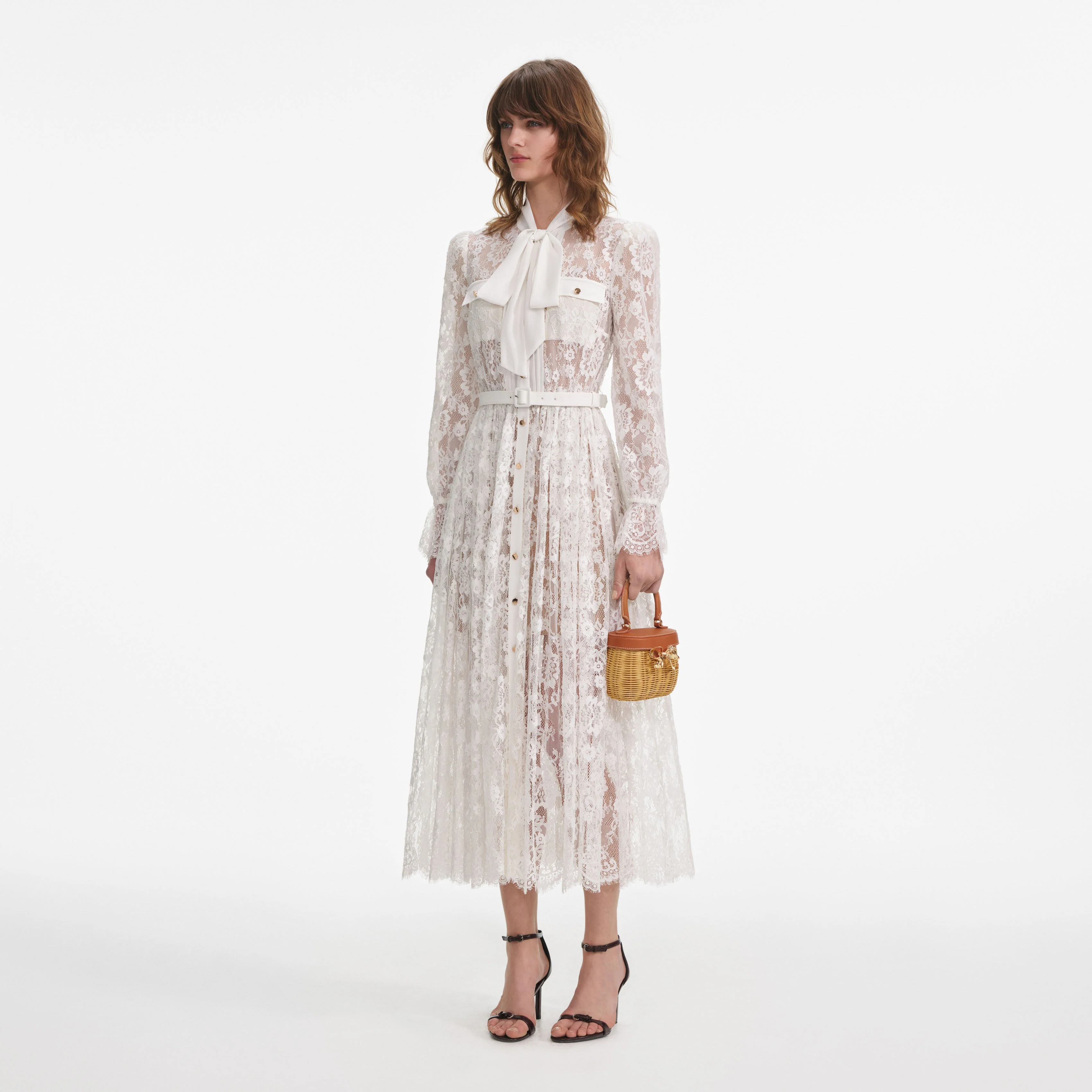 White Lace Tie Neck Midi Dress - Image 2