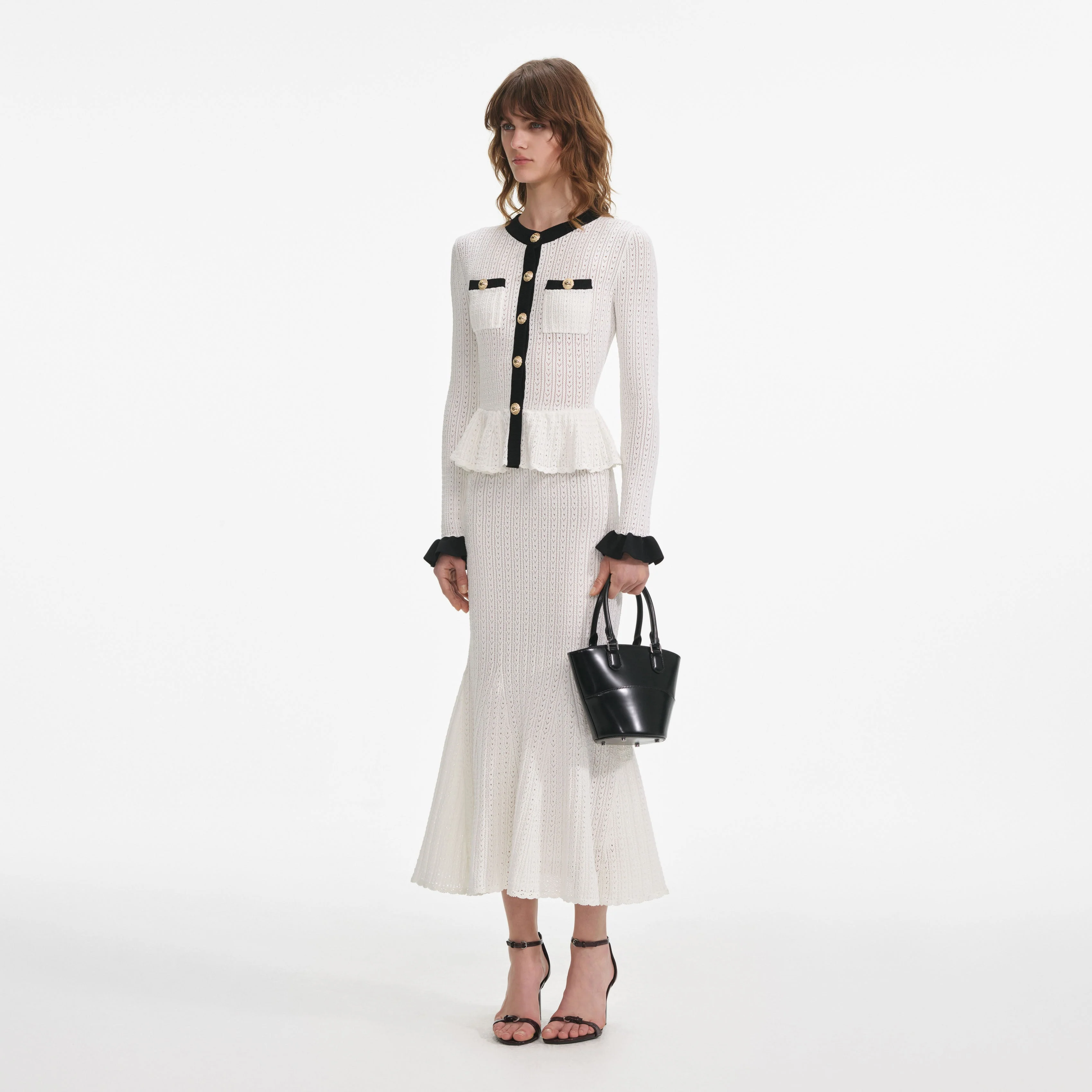 White Pointelle Knit Contrast Midi Dress - Image 2
