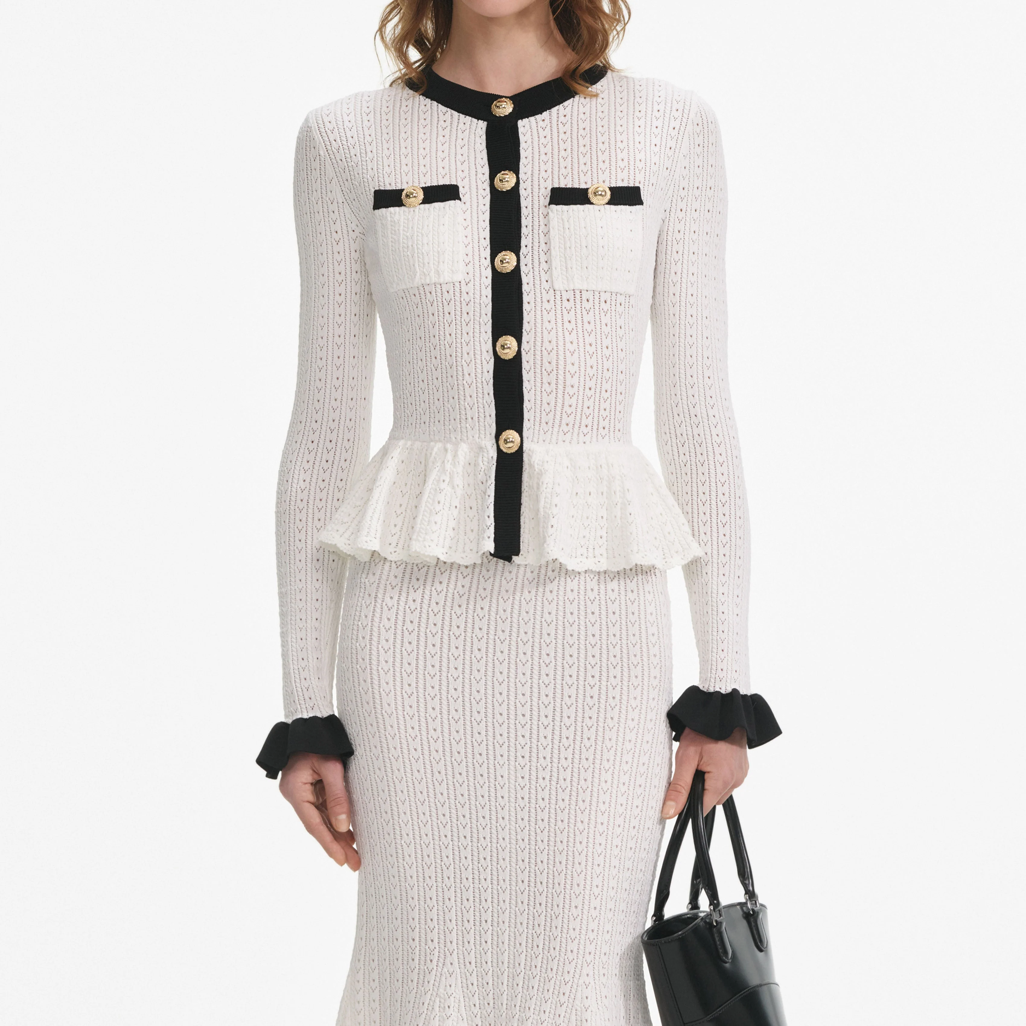 White Pointelle Knit Contrast Midi Dress - Image 4
