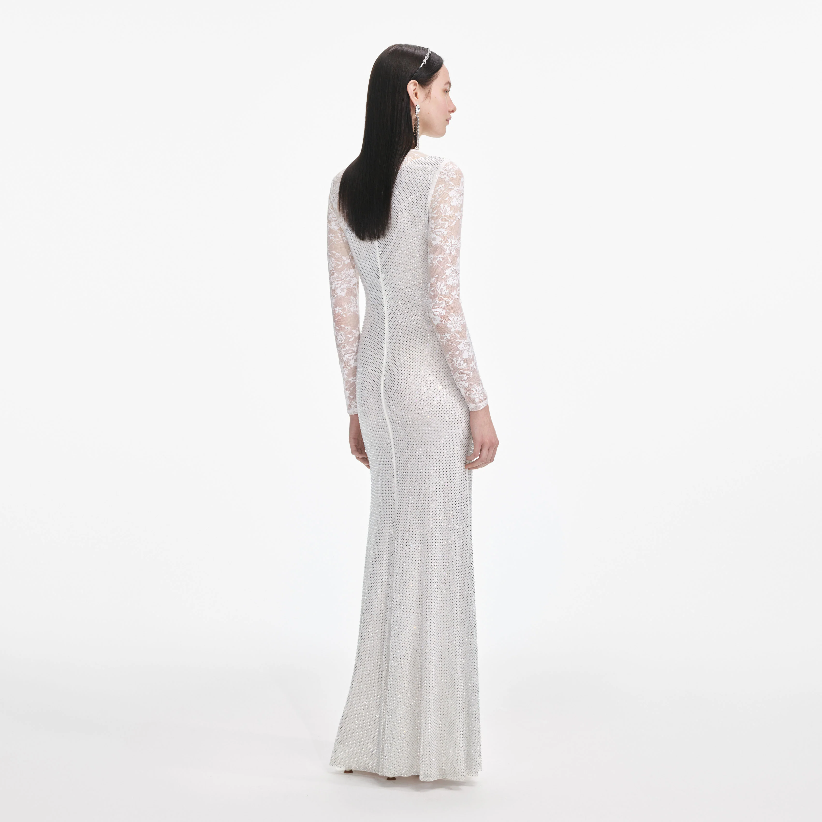 White Rhinestone Lace Sleeves Maxi Dress - Image 3