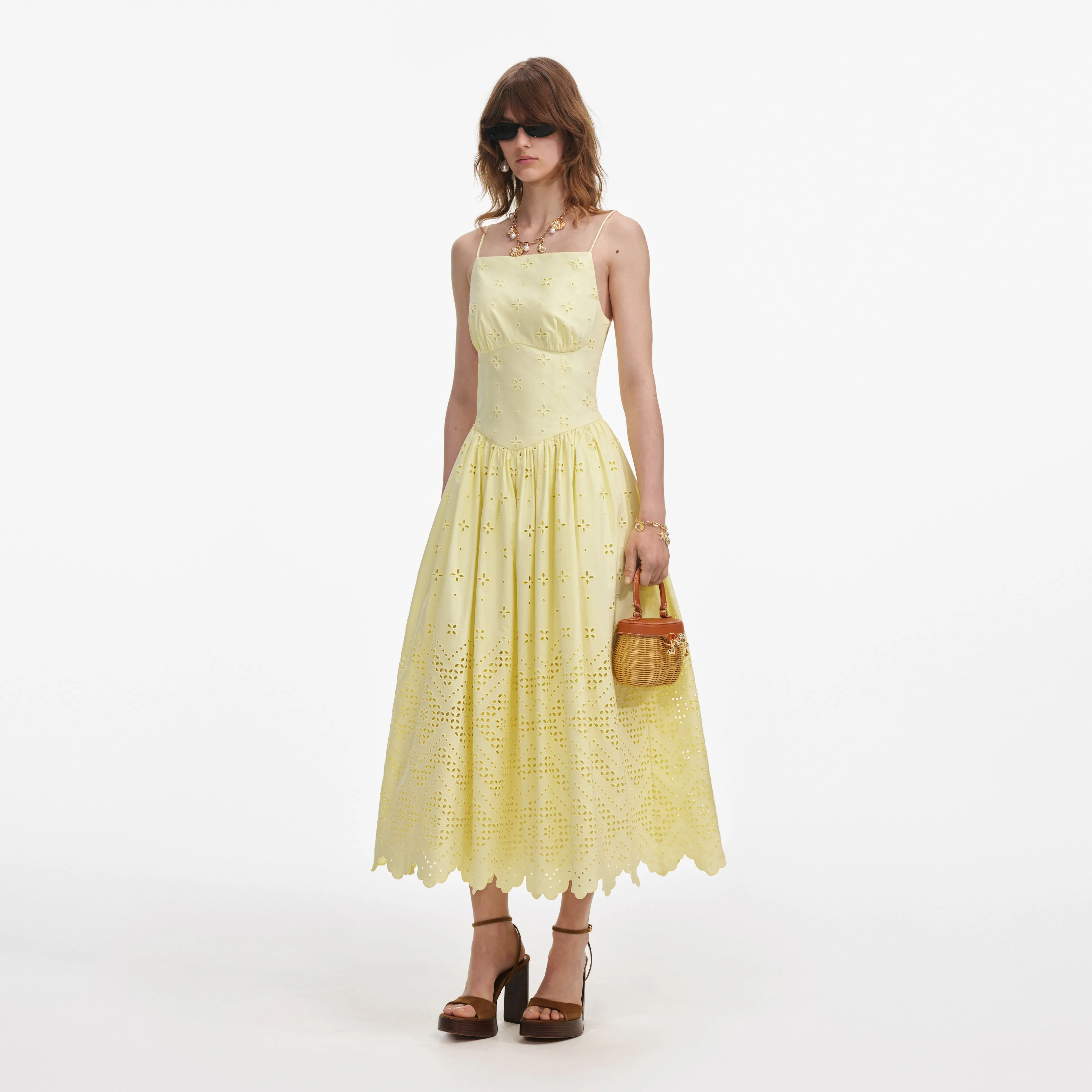 Yellow Cotton Broderie Midi Dress - Image 2