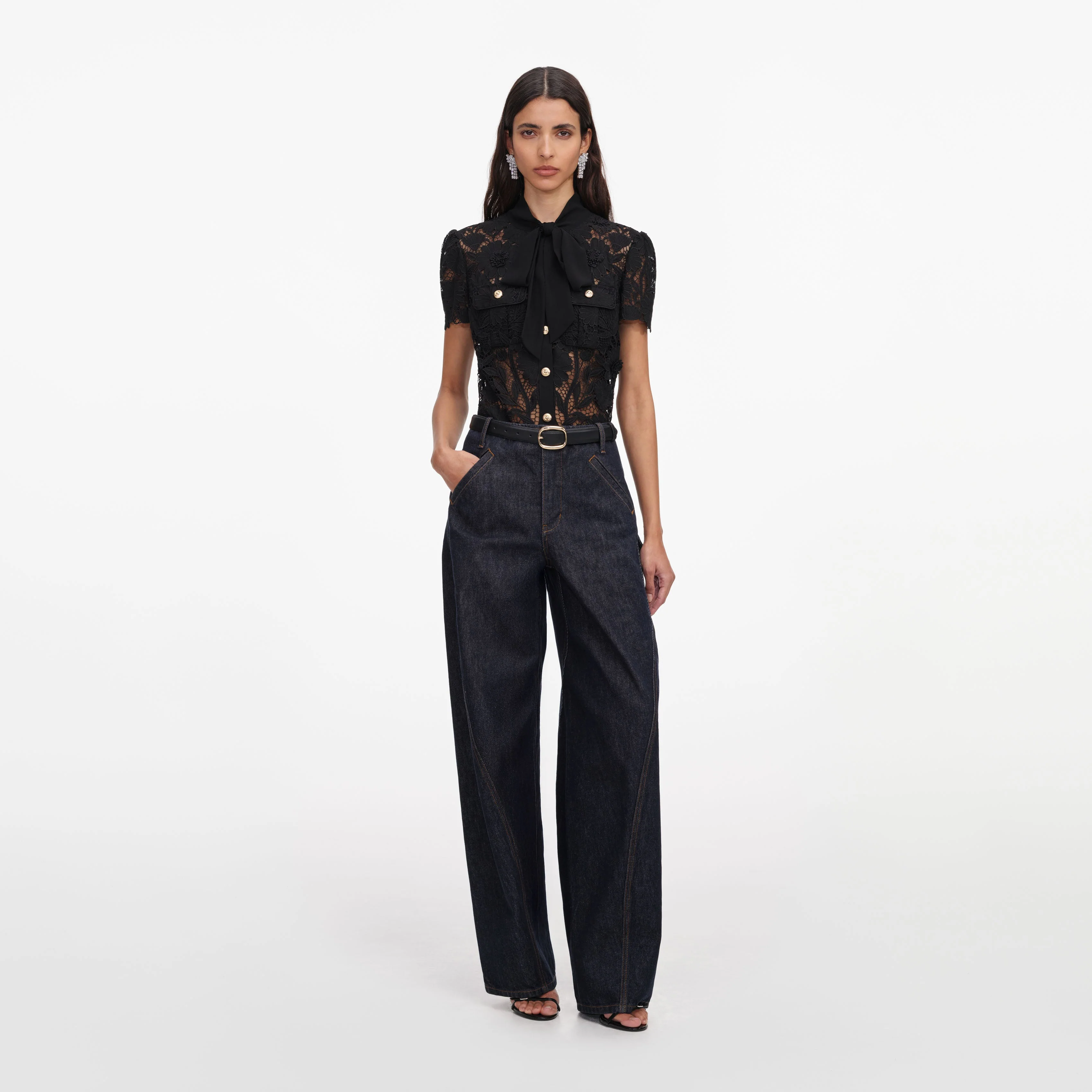 Black Lace Tie Neck Top