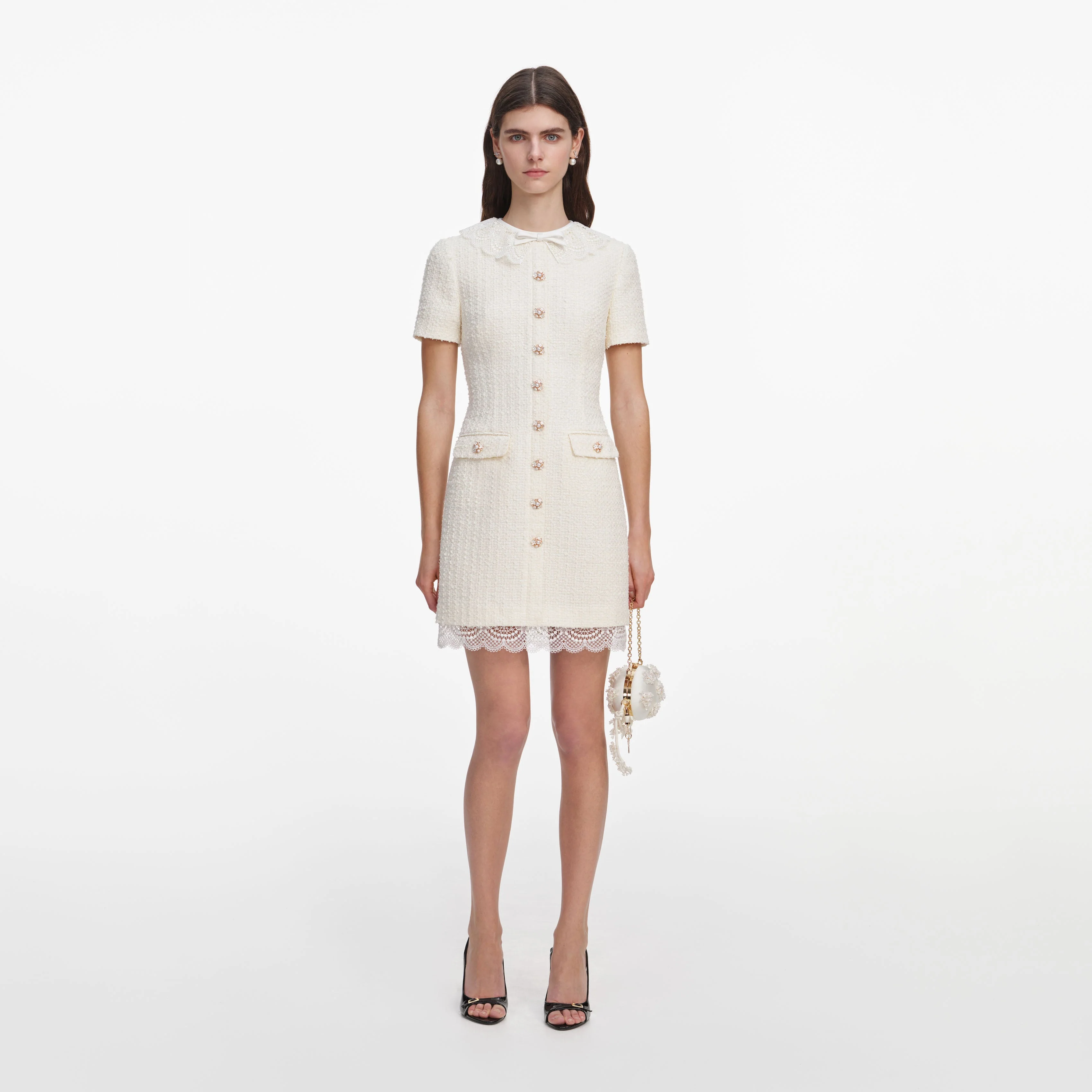 Cream Boucle Lace Trim Tailored Mini Dress