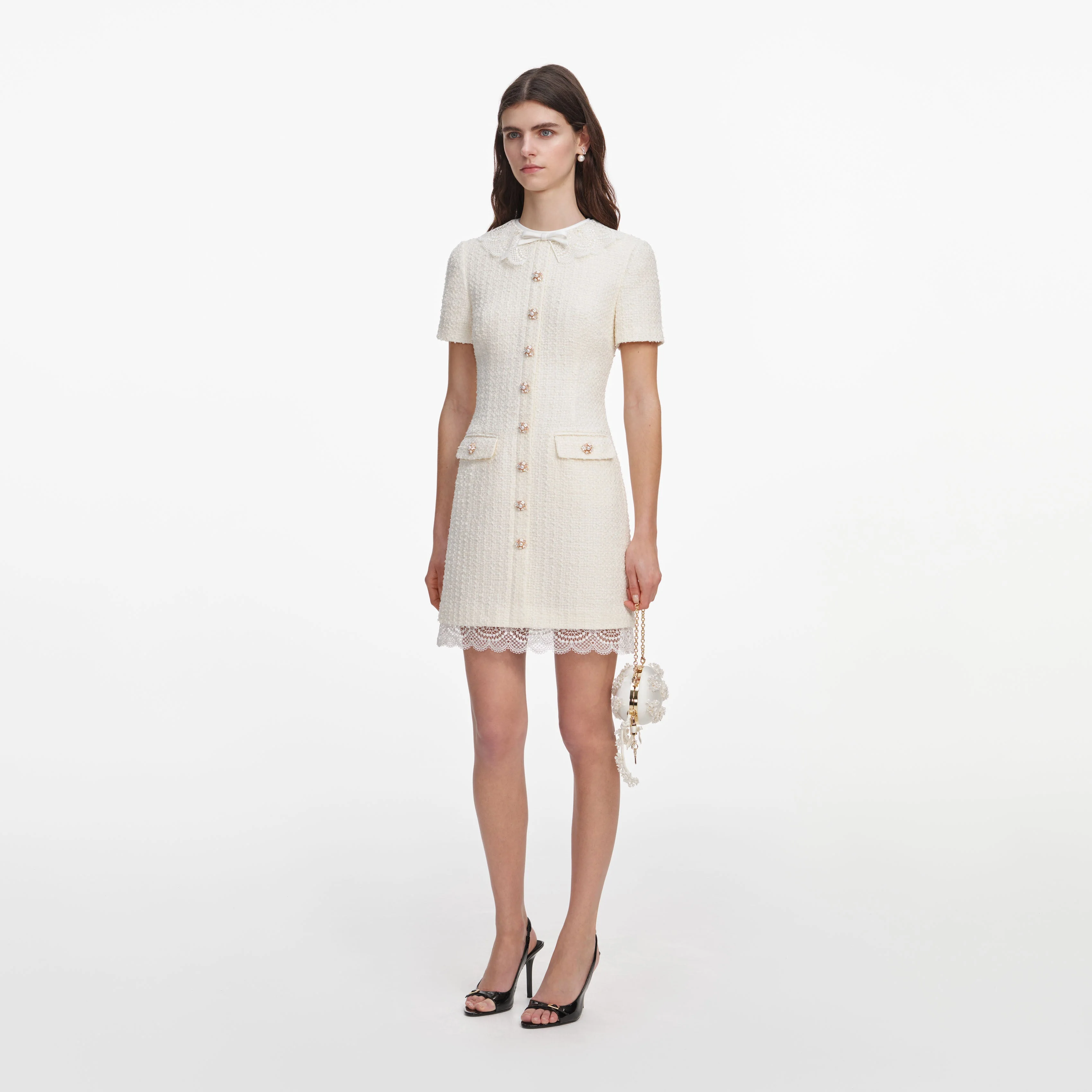Cream Boucle Lace Trim Tailored Mini Dress - Image 2