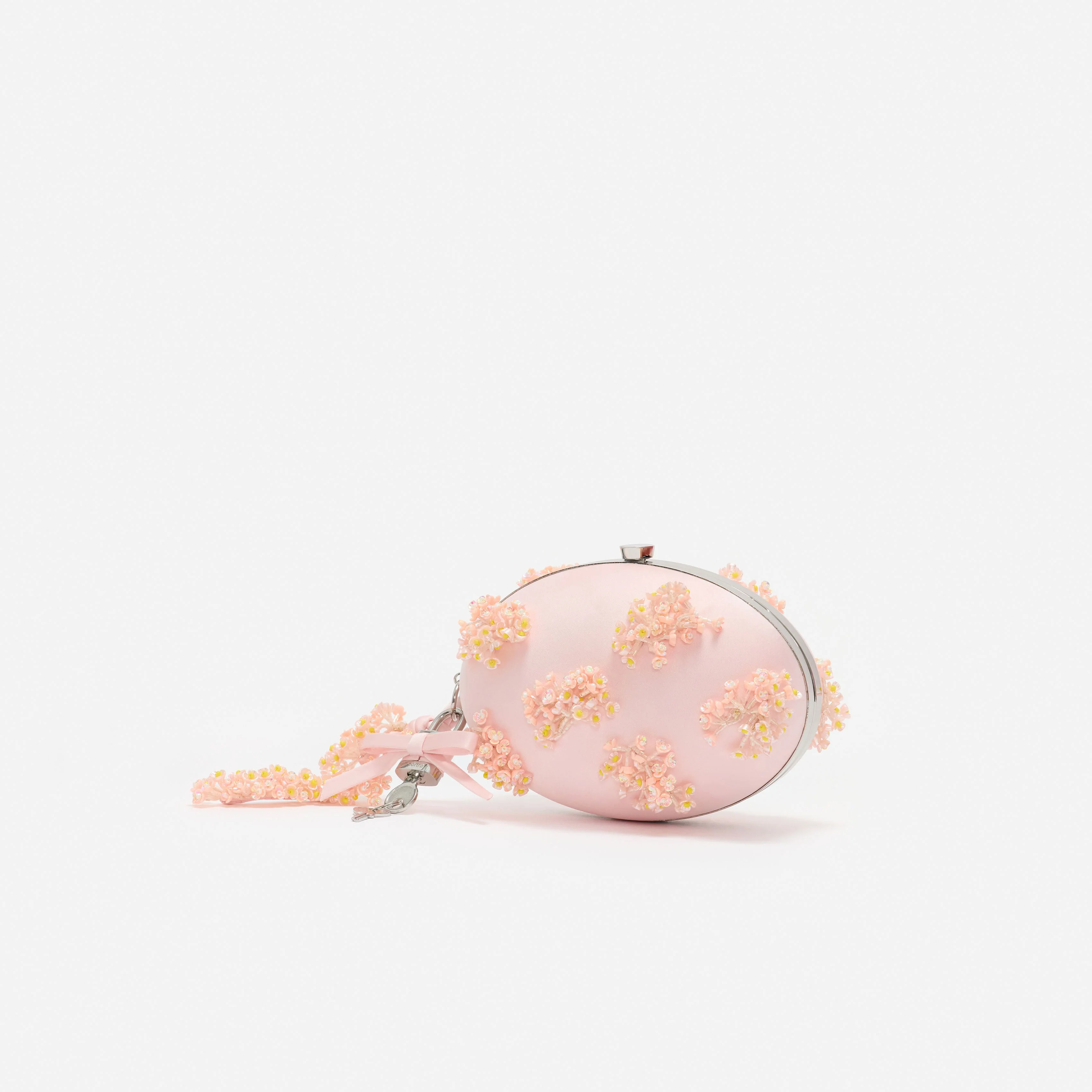Pink Satin Floral Beaded Oval Clutch - Image 2