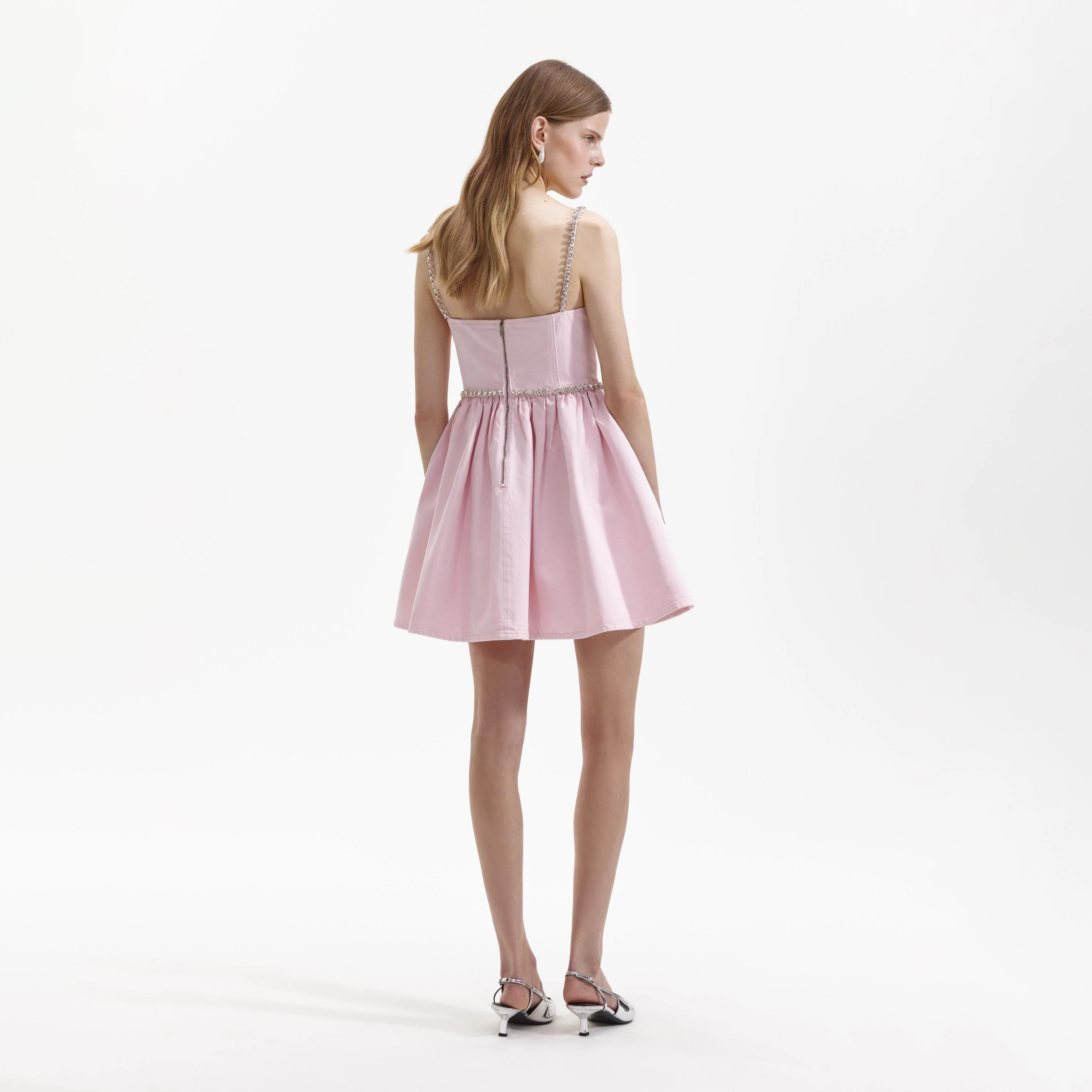 Pink Diamante Denim Mini Dress - Image 3