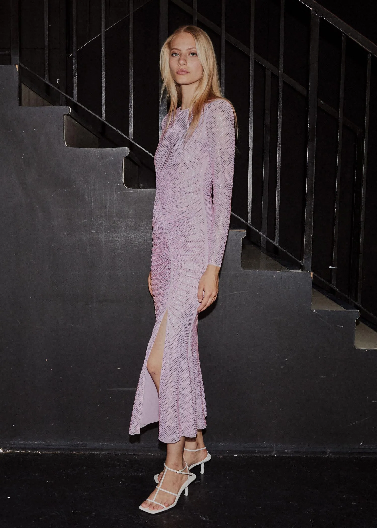 Pink Rhinestone Mesh Gathered Midi Dress - Image 6