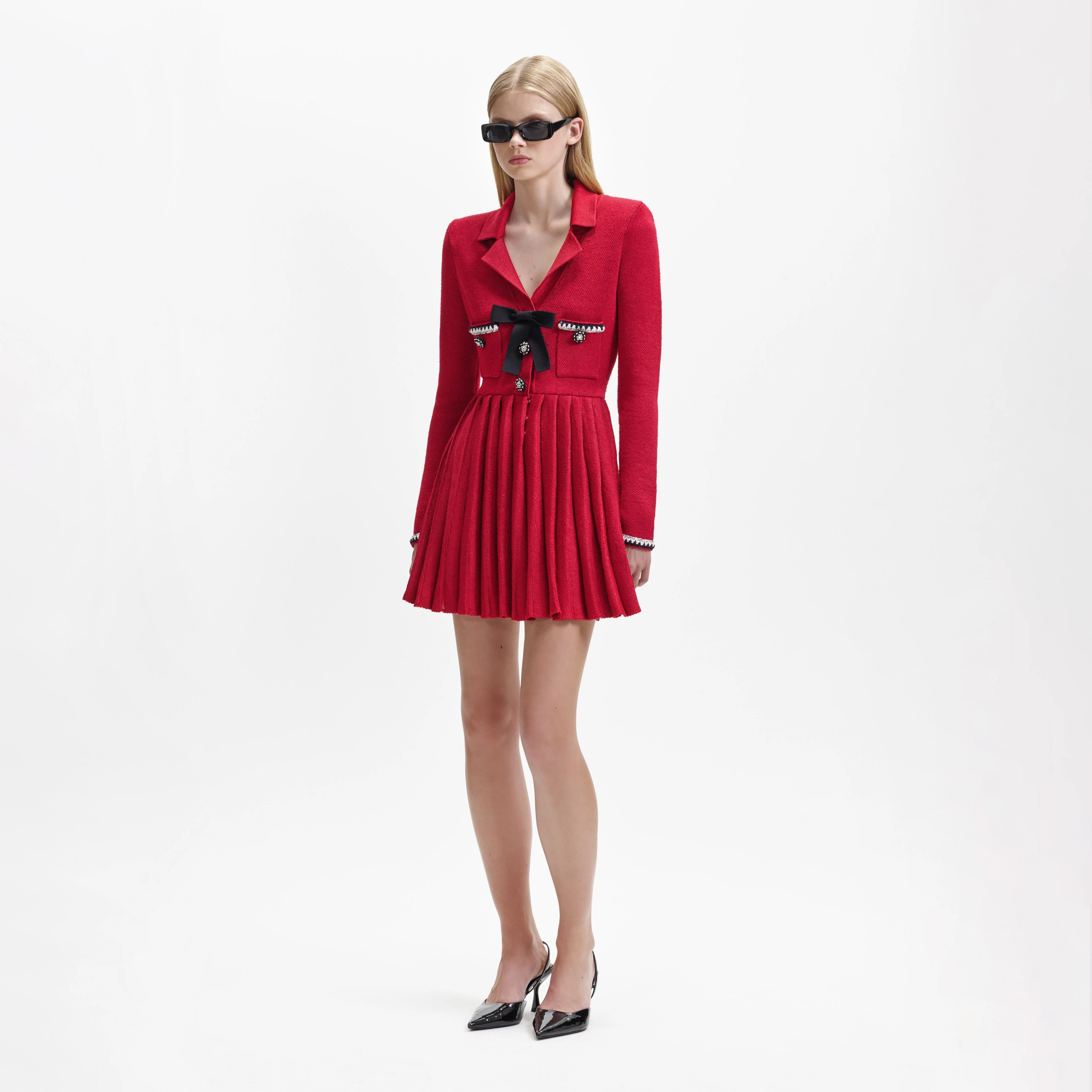Red Knit Bow Mini Dress - Image 2