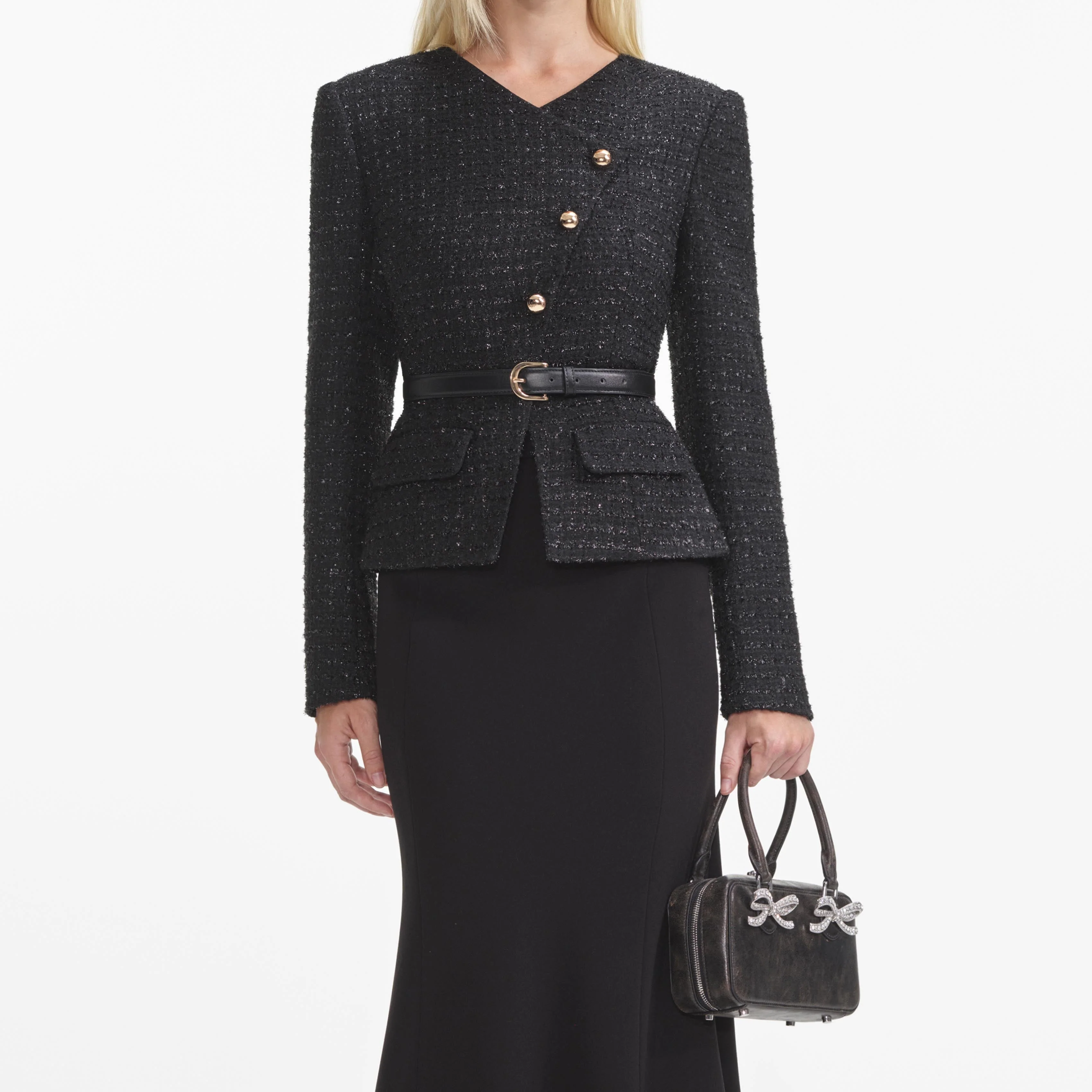 Black Boucle Asymmetric Midi Dress - Image 4