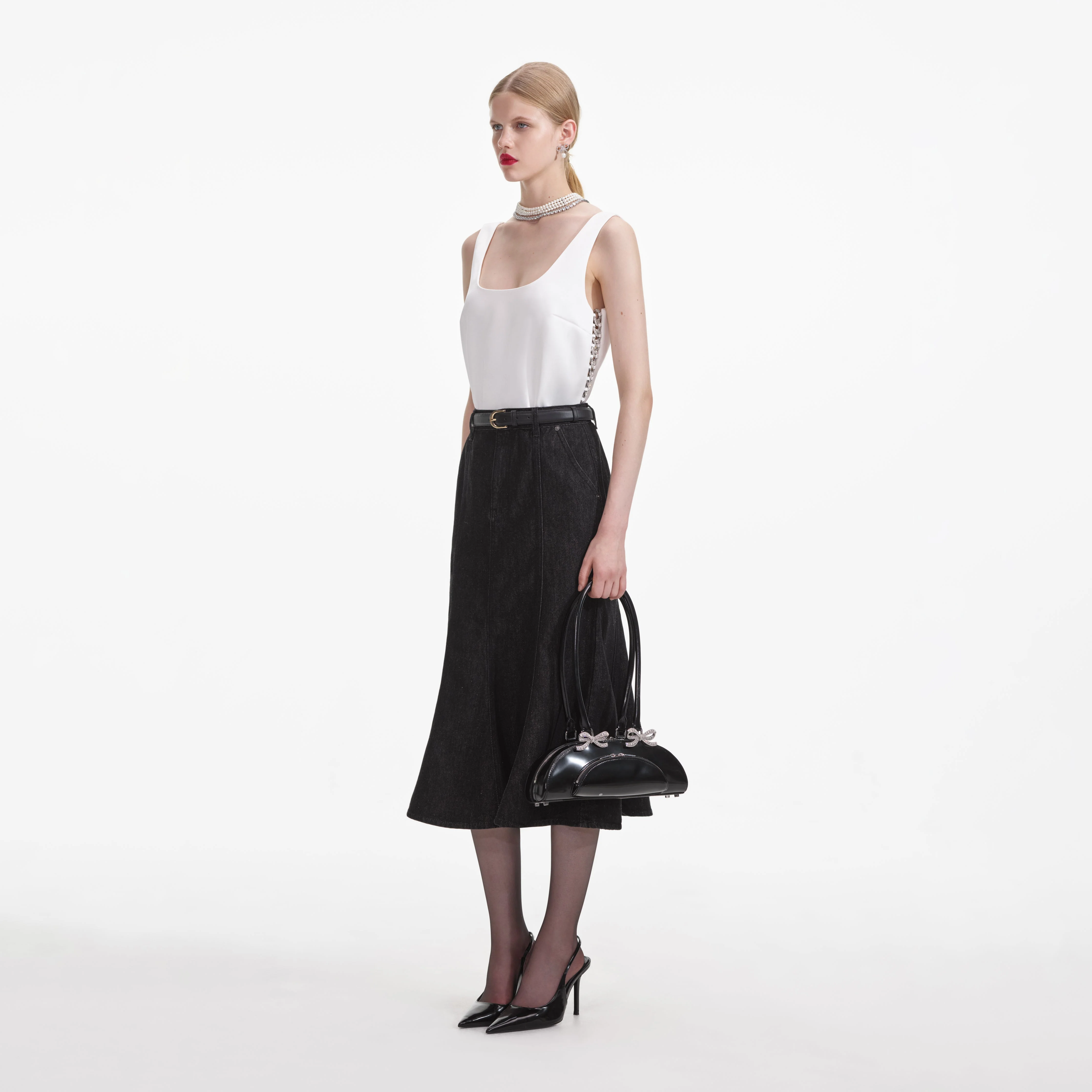 Black Flared Denim Midi Skirt - Image 2