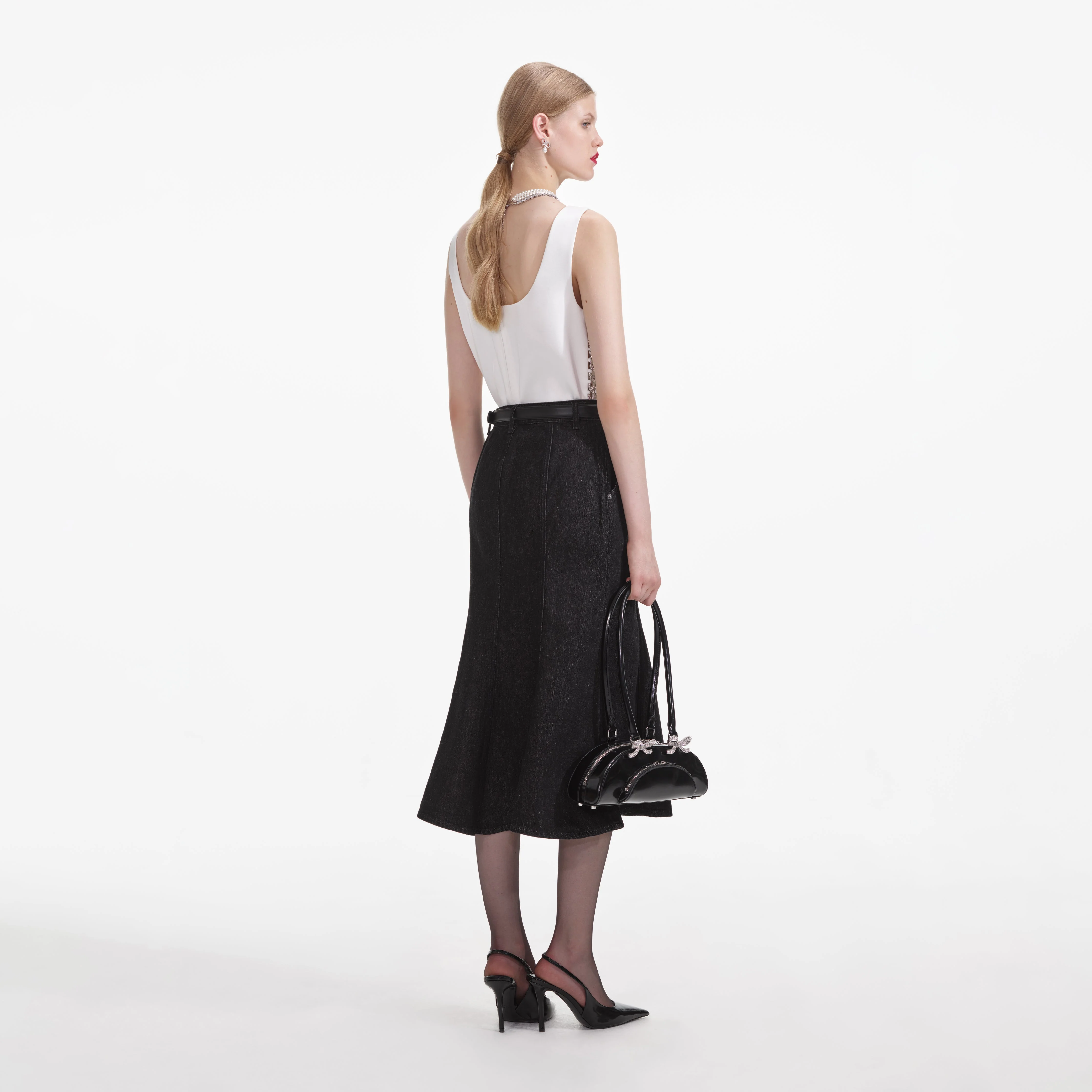 Black Flared Denim Midi Skirt - Image 3