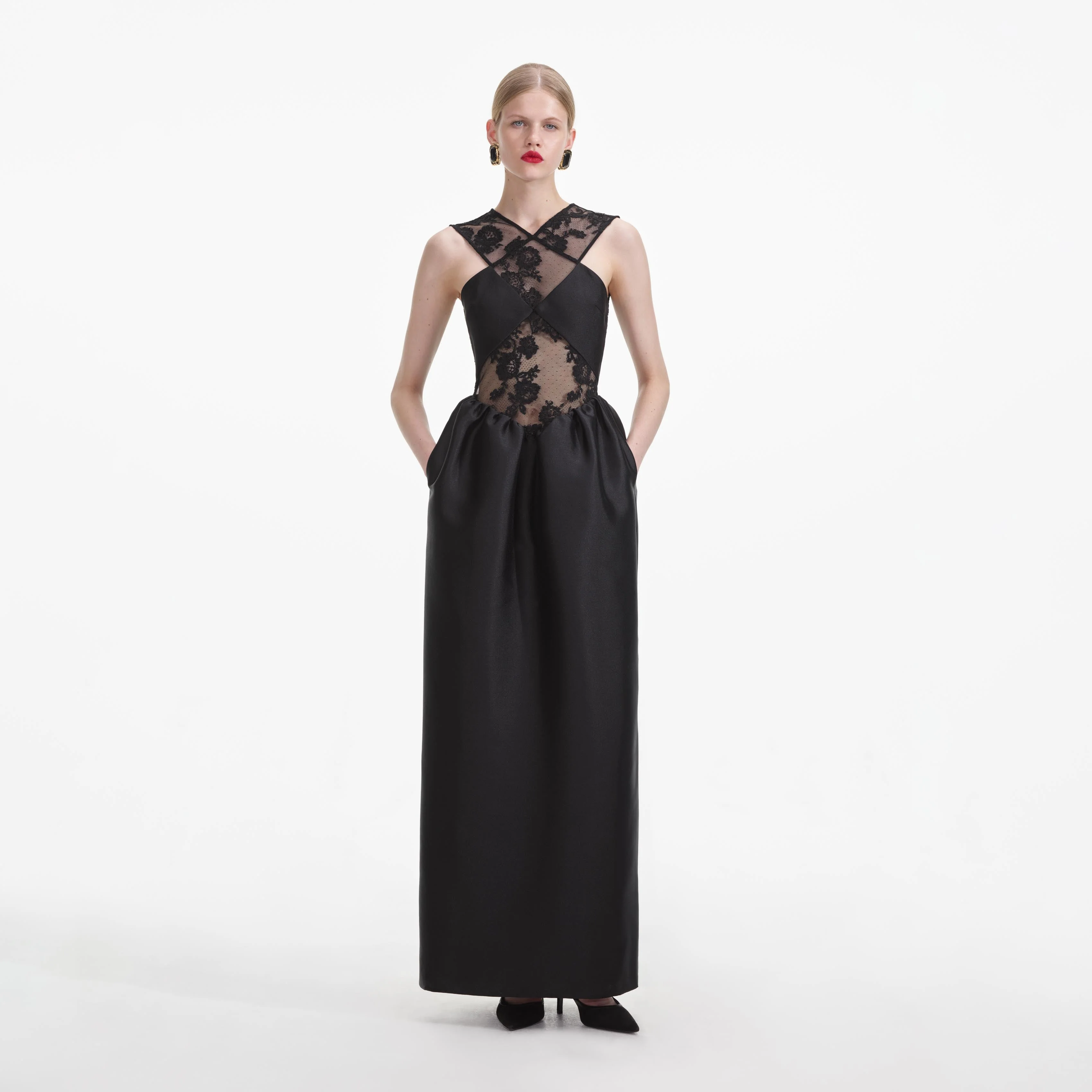 Black Lace Taffeta Maxi Dress - Image 4