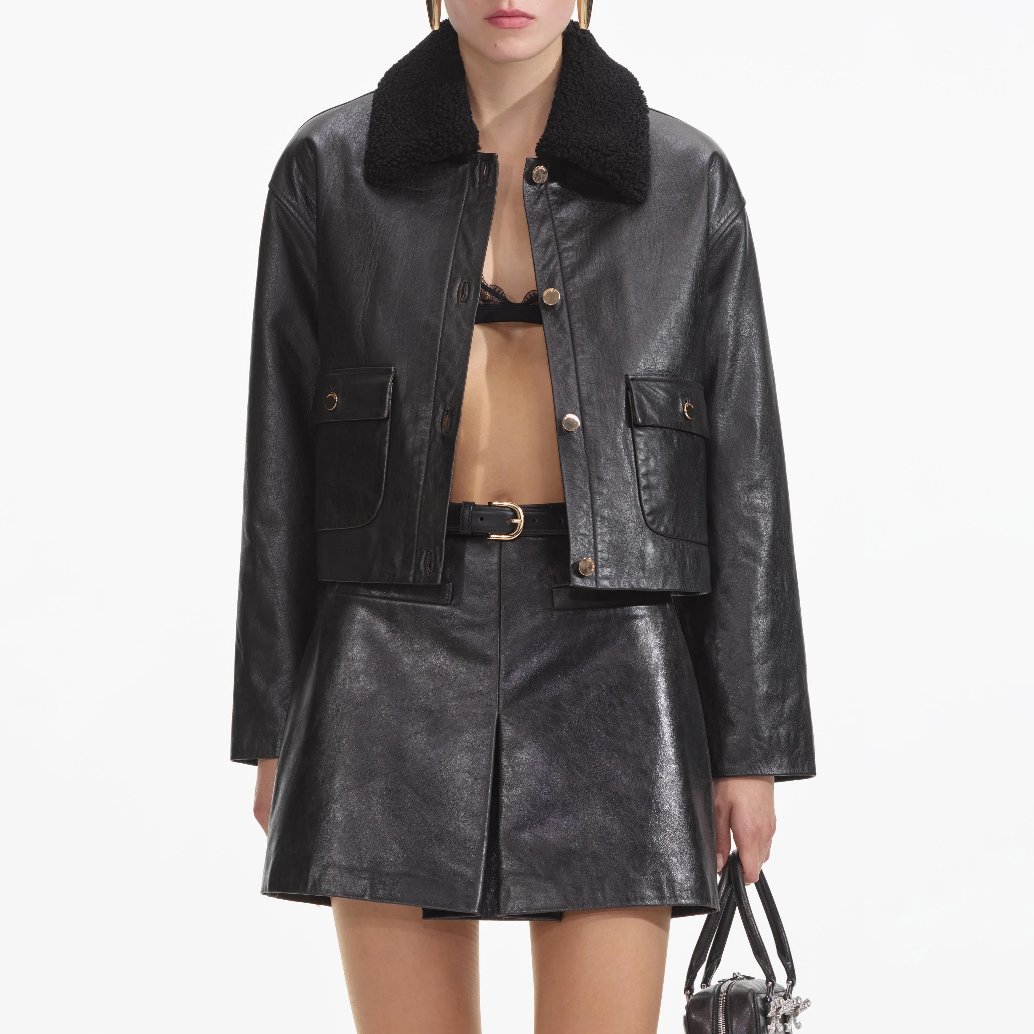 Black Leather Shearling Jacket - Image 4