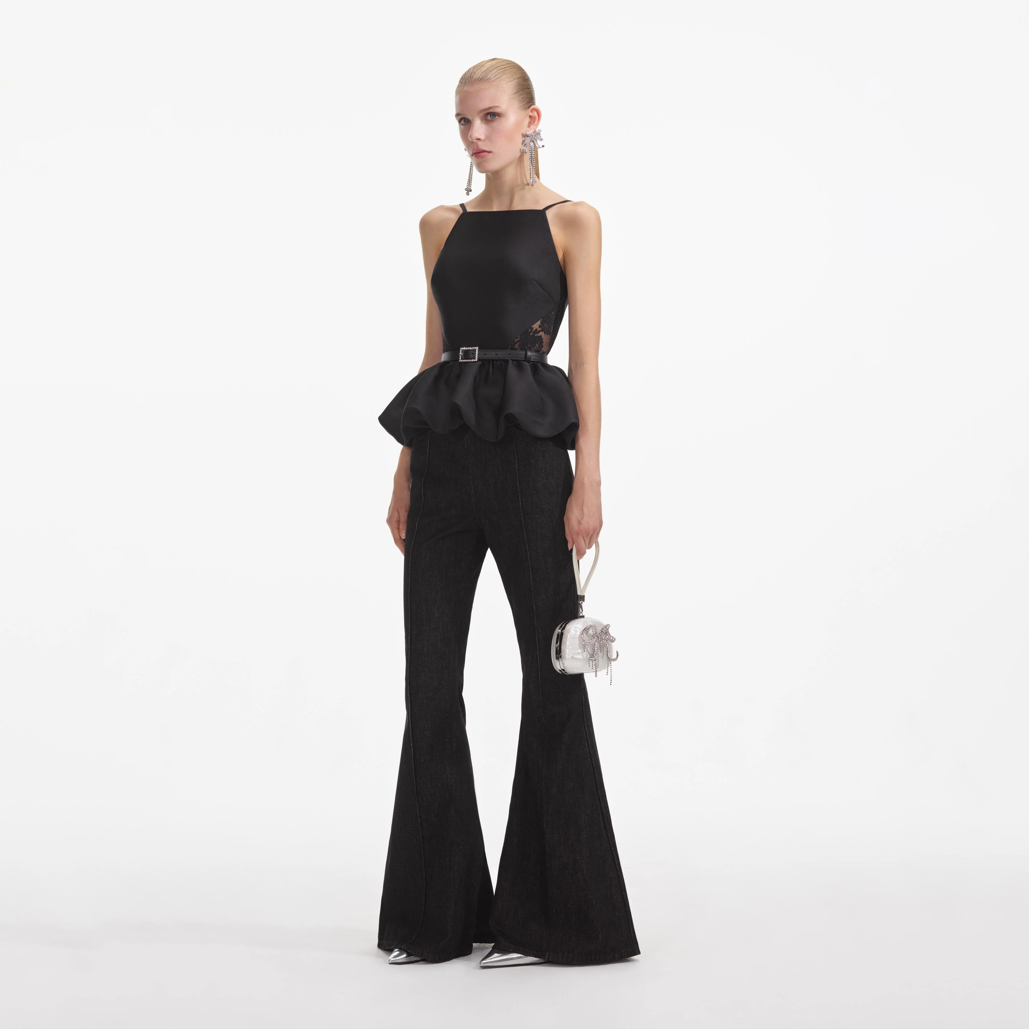 Black Taffeta Peplum Top - Image 2