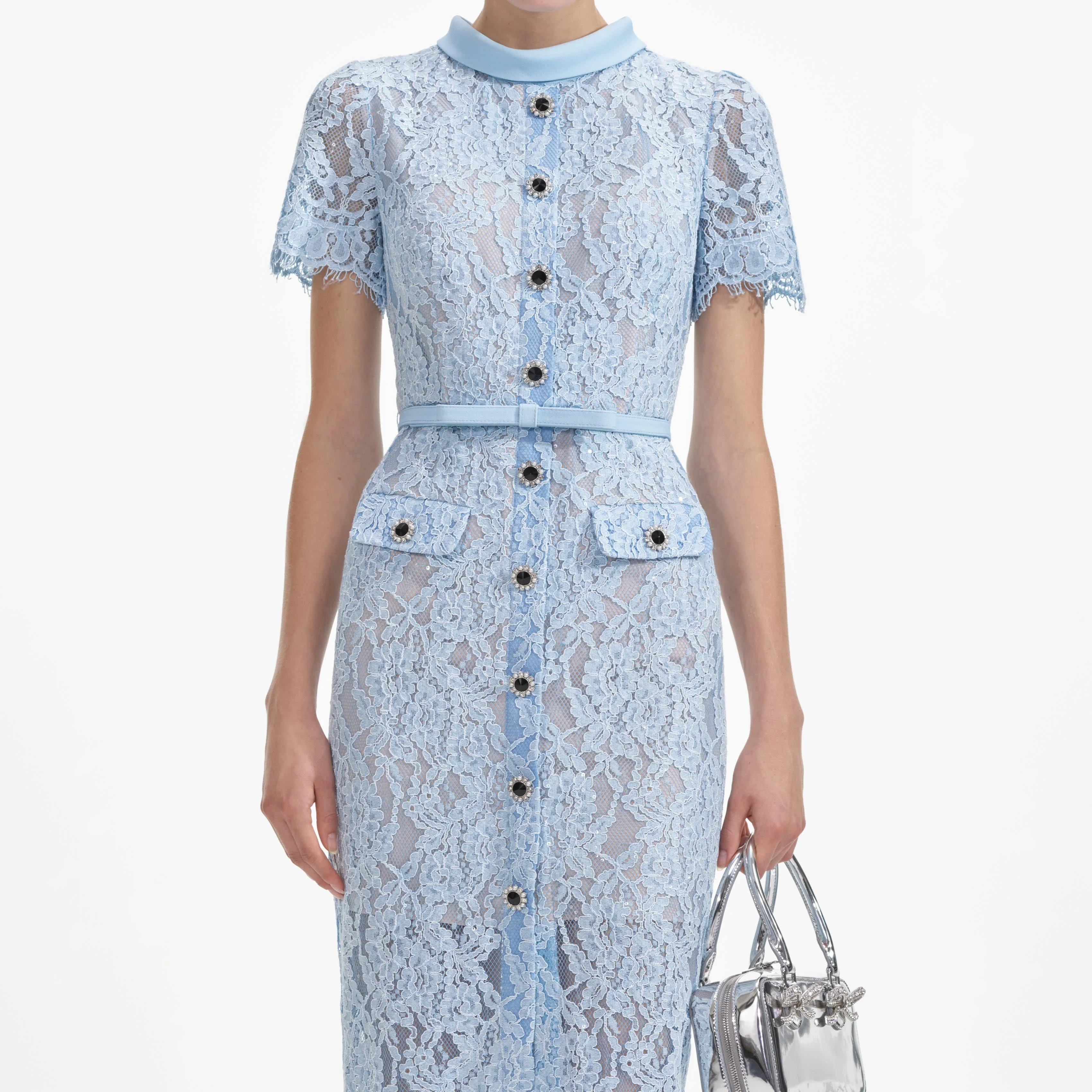 Blue Lace Button Midi Dress - Image 4