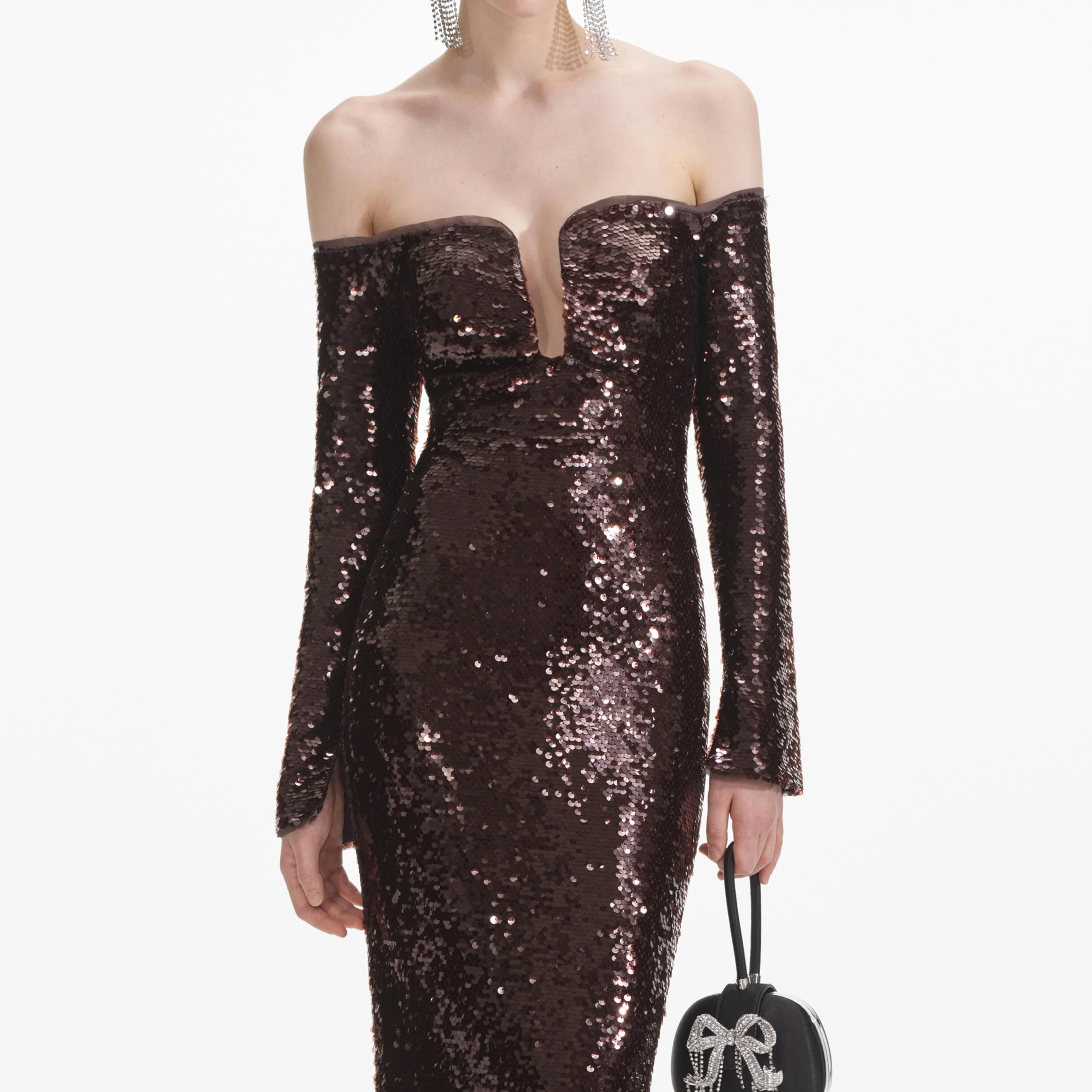 Brown Sequin Off Shoulder Maxi Dress - Image 4