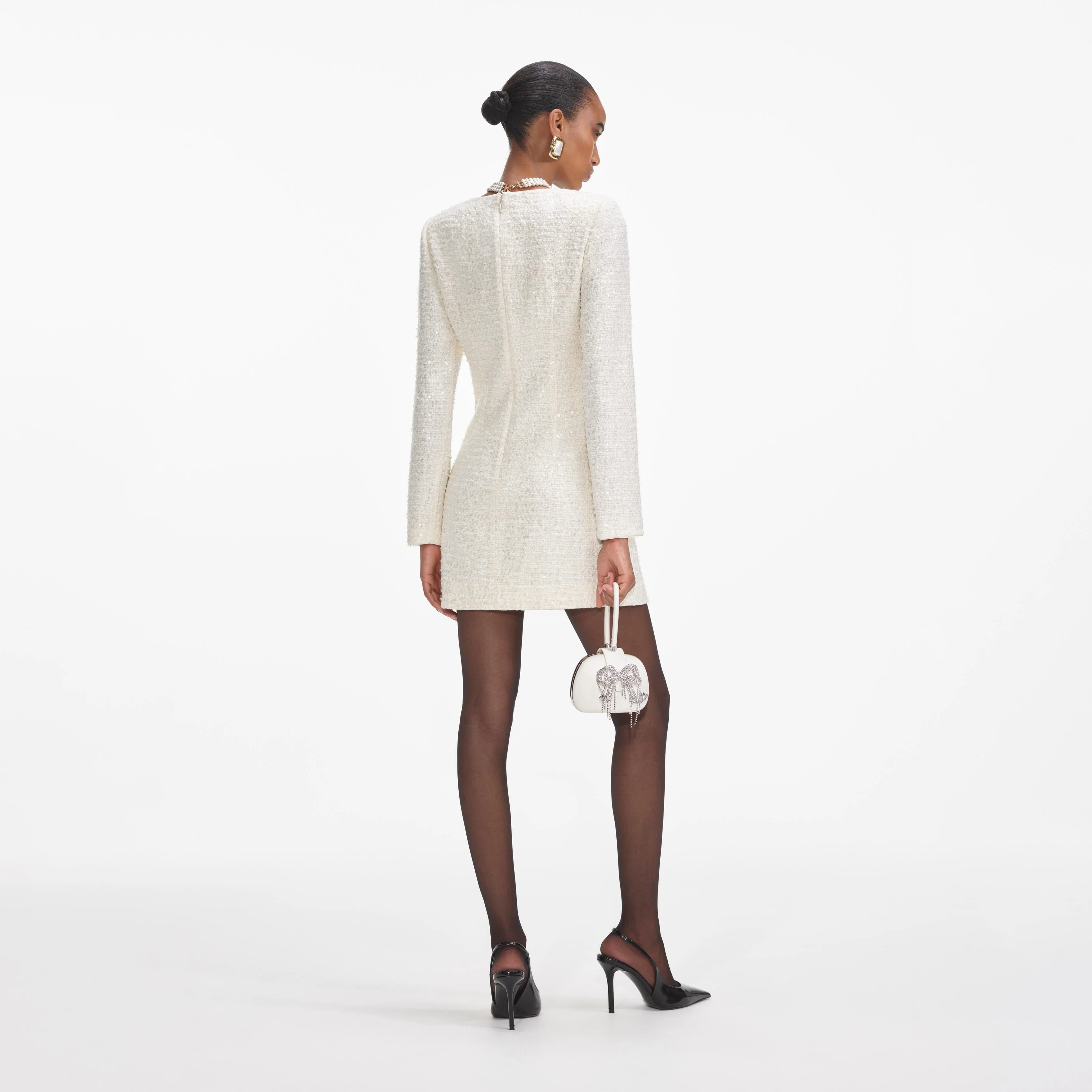 Cream Boucle Diamante Bow Mini Dress - Image 3