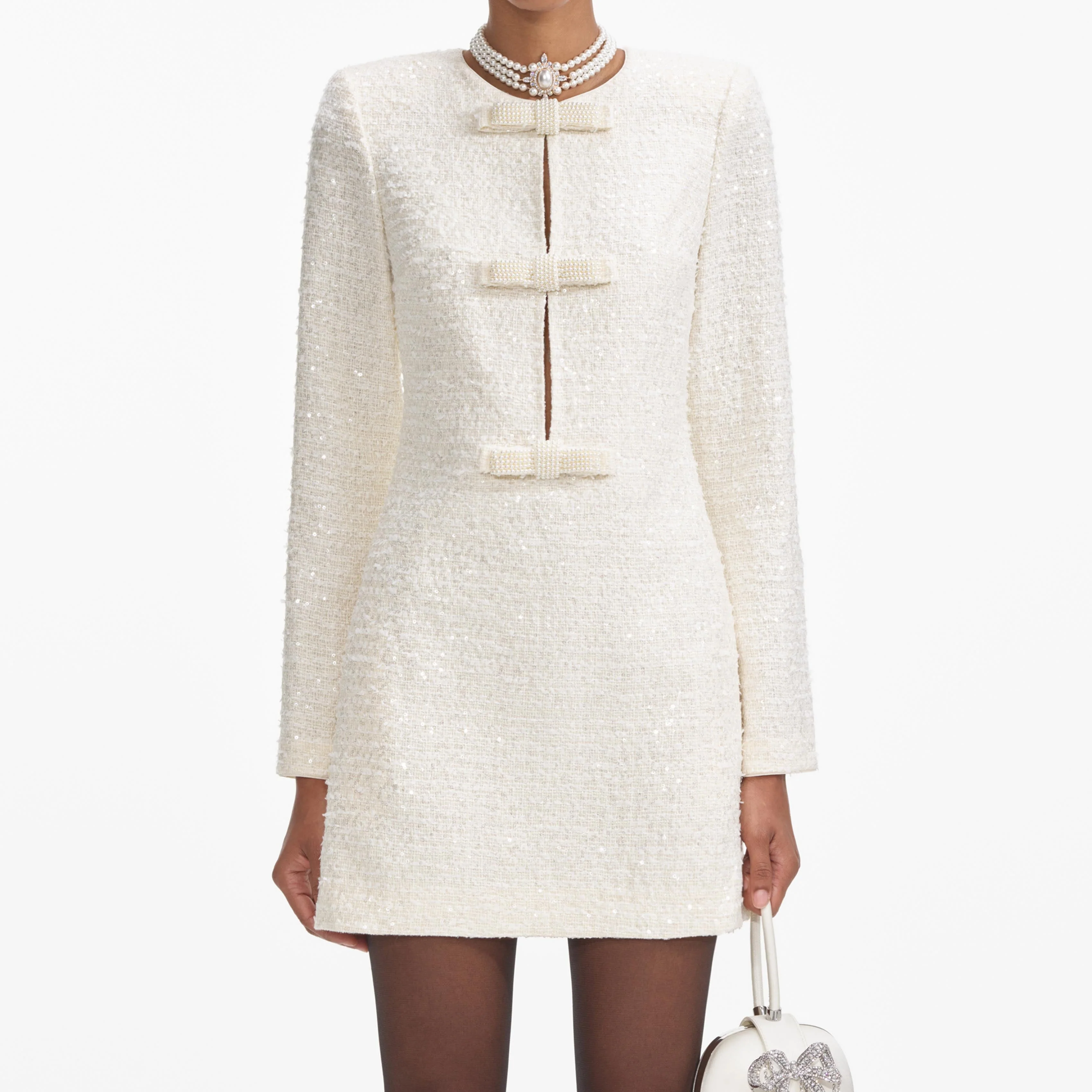 Cream Boucle Diamante Bow Mini Dress - Image 4
