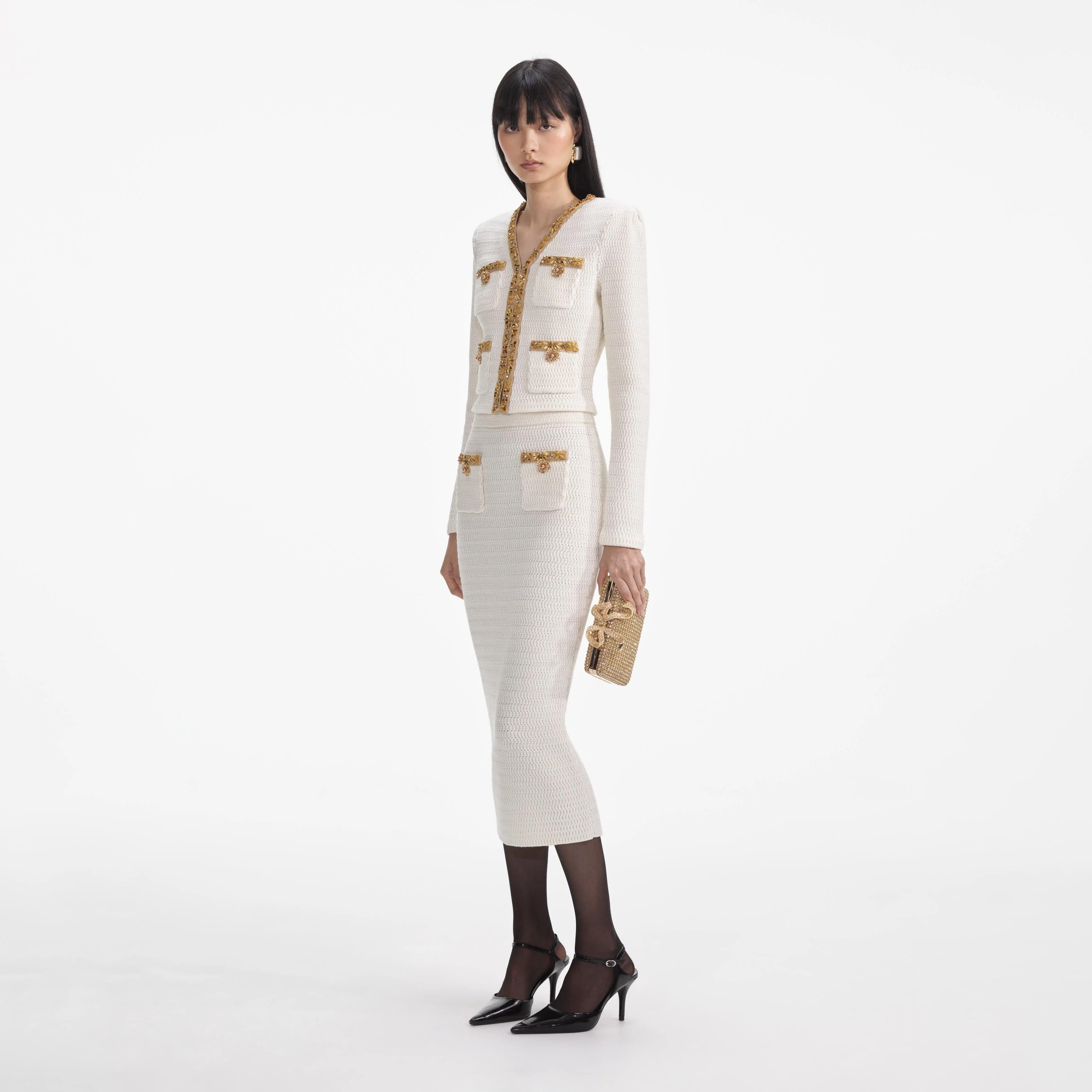 Cream Lurex Knit Midi Skirt - Image 2