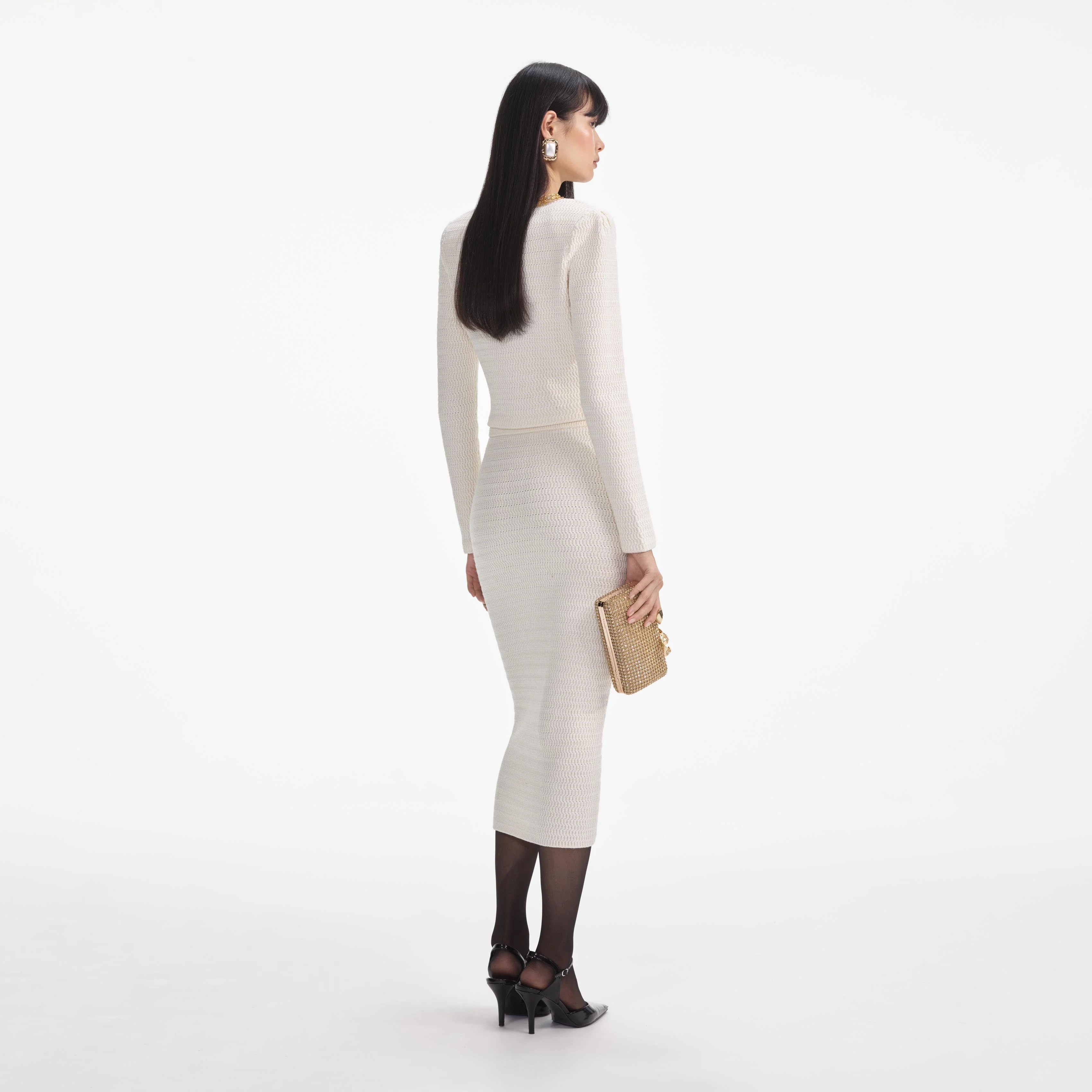 Cream Lurex Knit Midi Skirt - Image 3