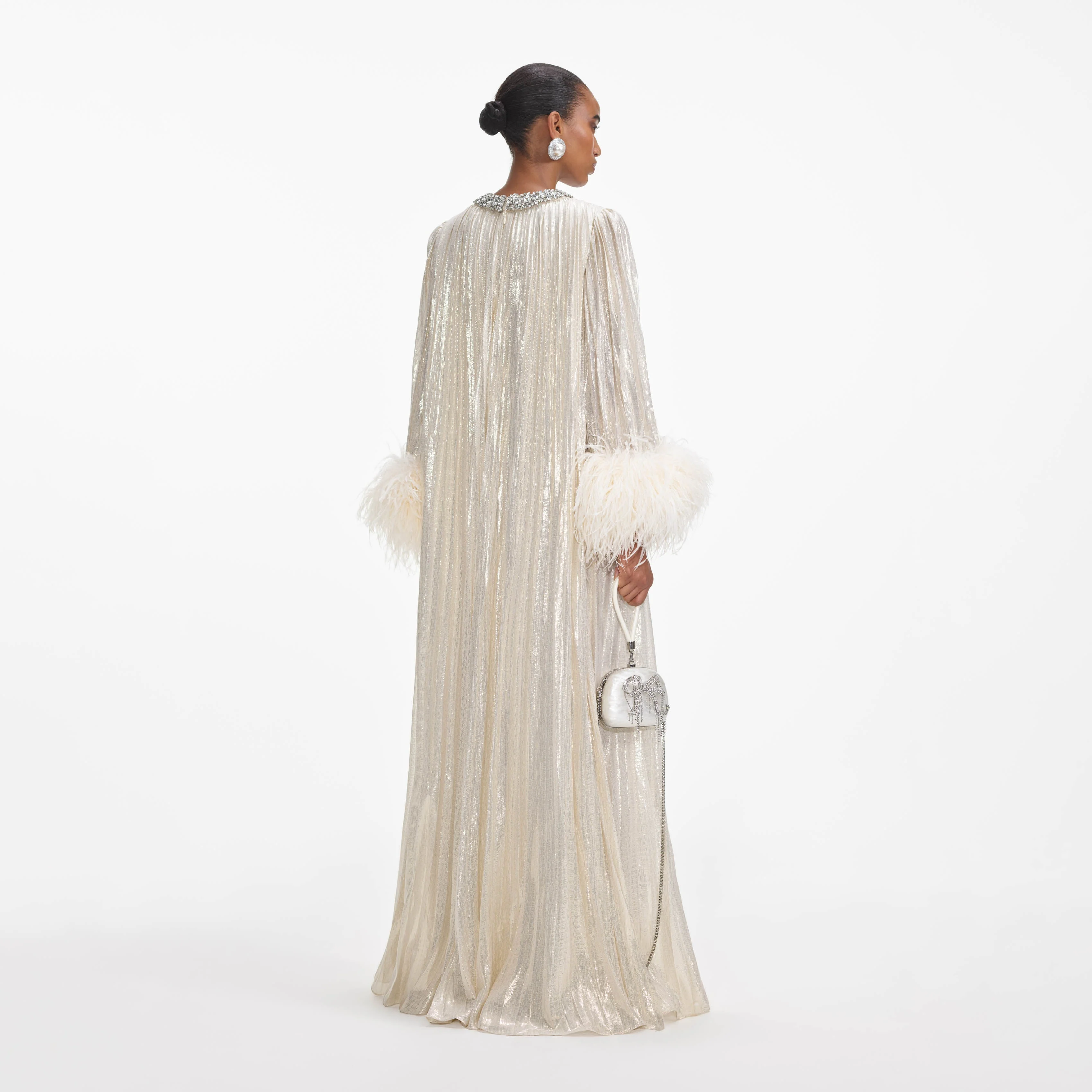 Gold Metallic Feather Maxi Dress - Image 3