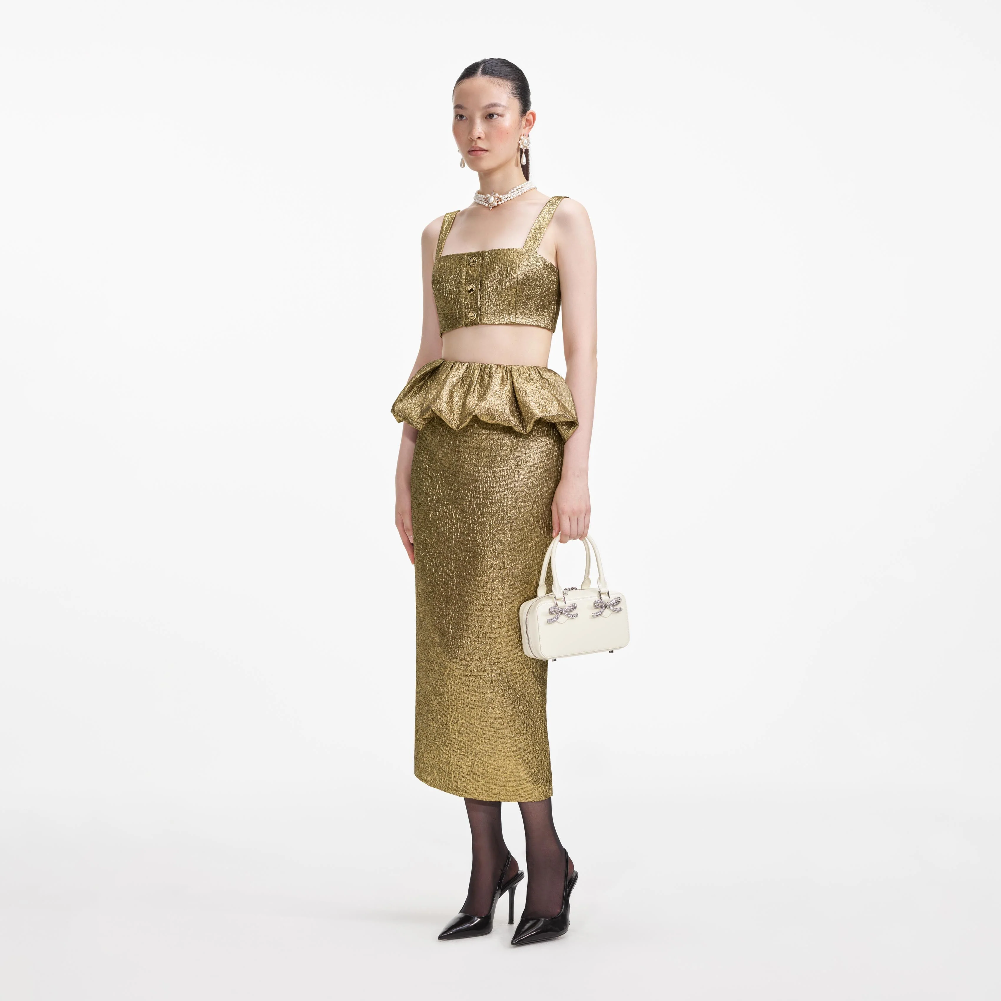 Gold Metallic Jacquard Midi Skirt - Image 2