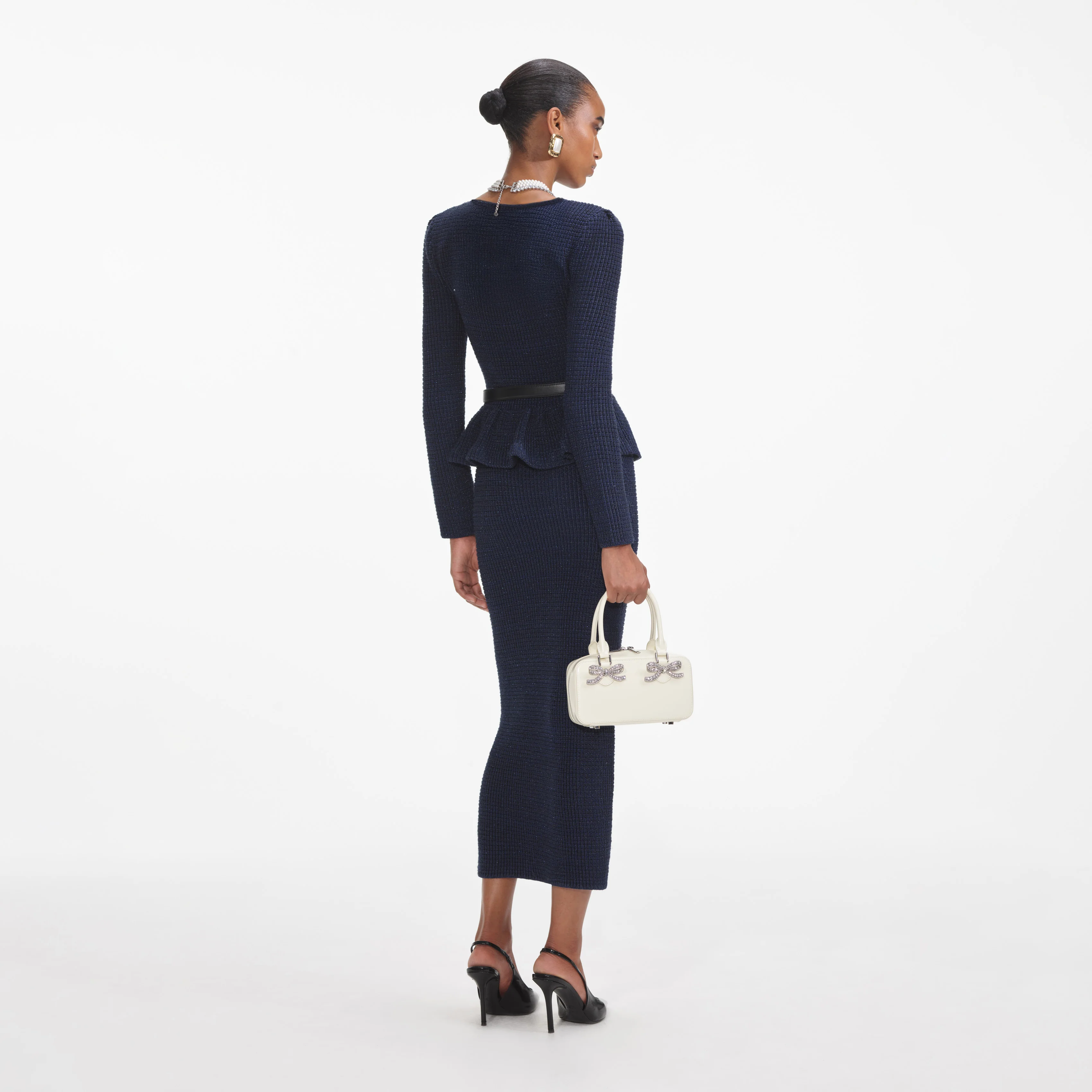 Navy Knit Peplum Midi Dress - Image 3