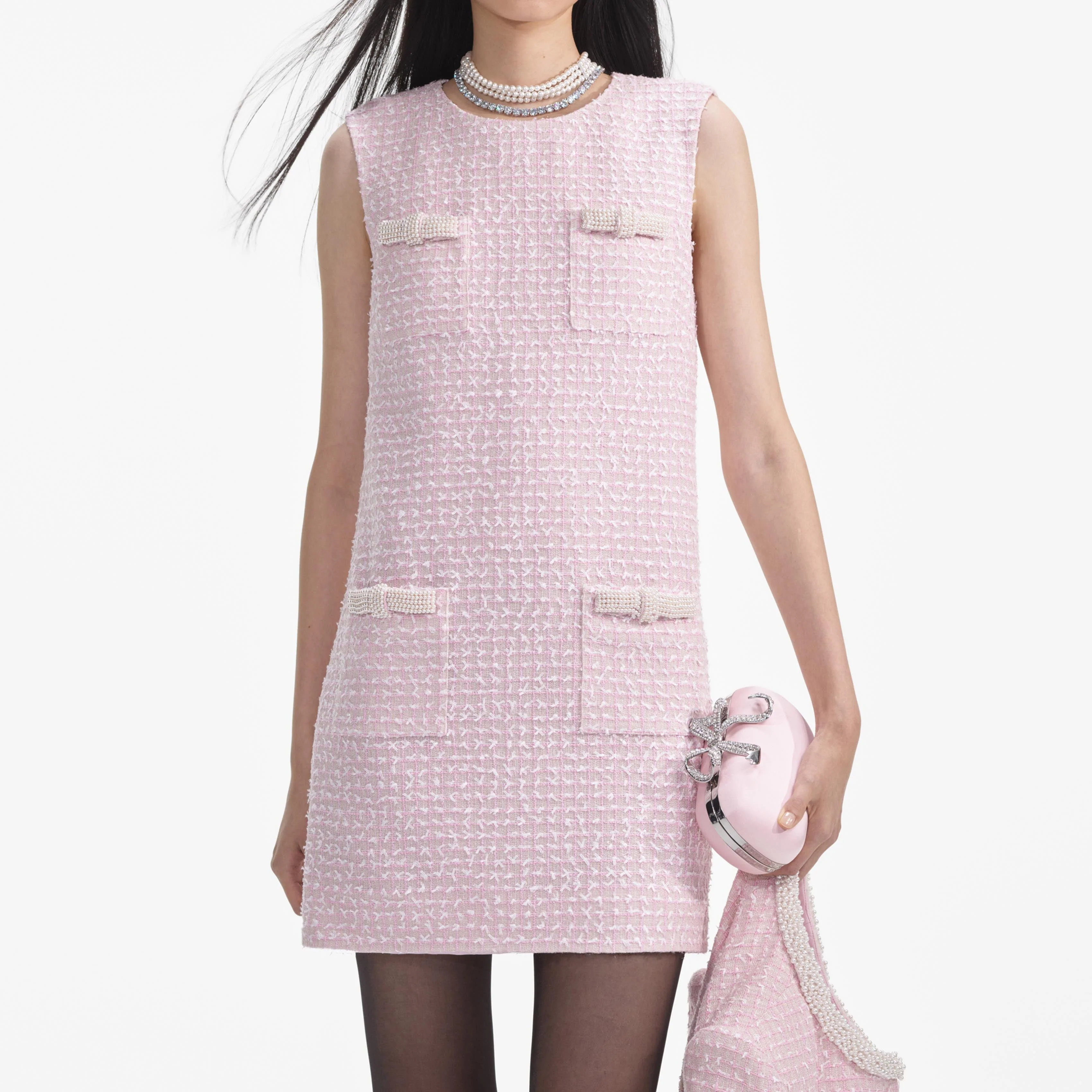 Pink Boucle Pearl Trim Mini Dress - Image 5