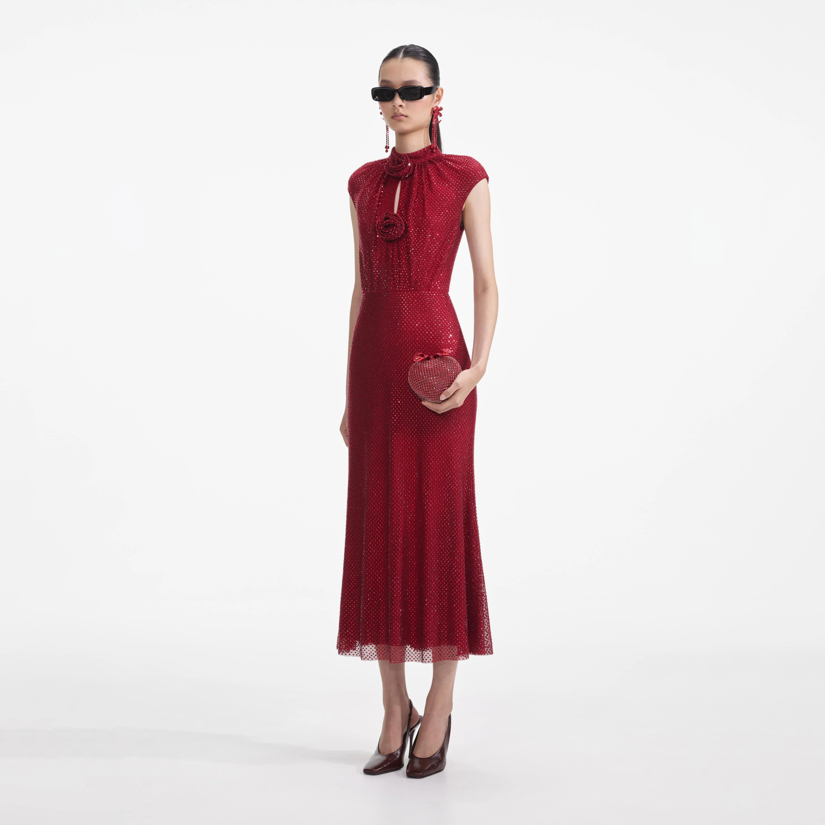 Red Rhinestone Fishnet Midi Dress - Image 2