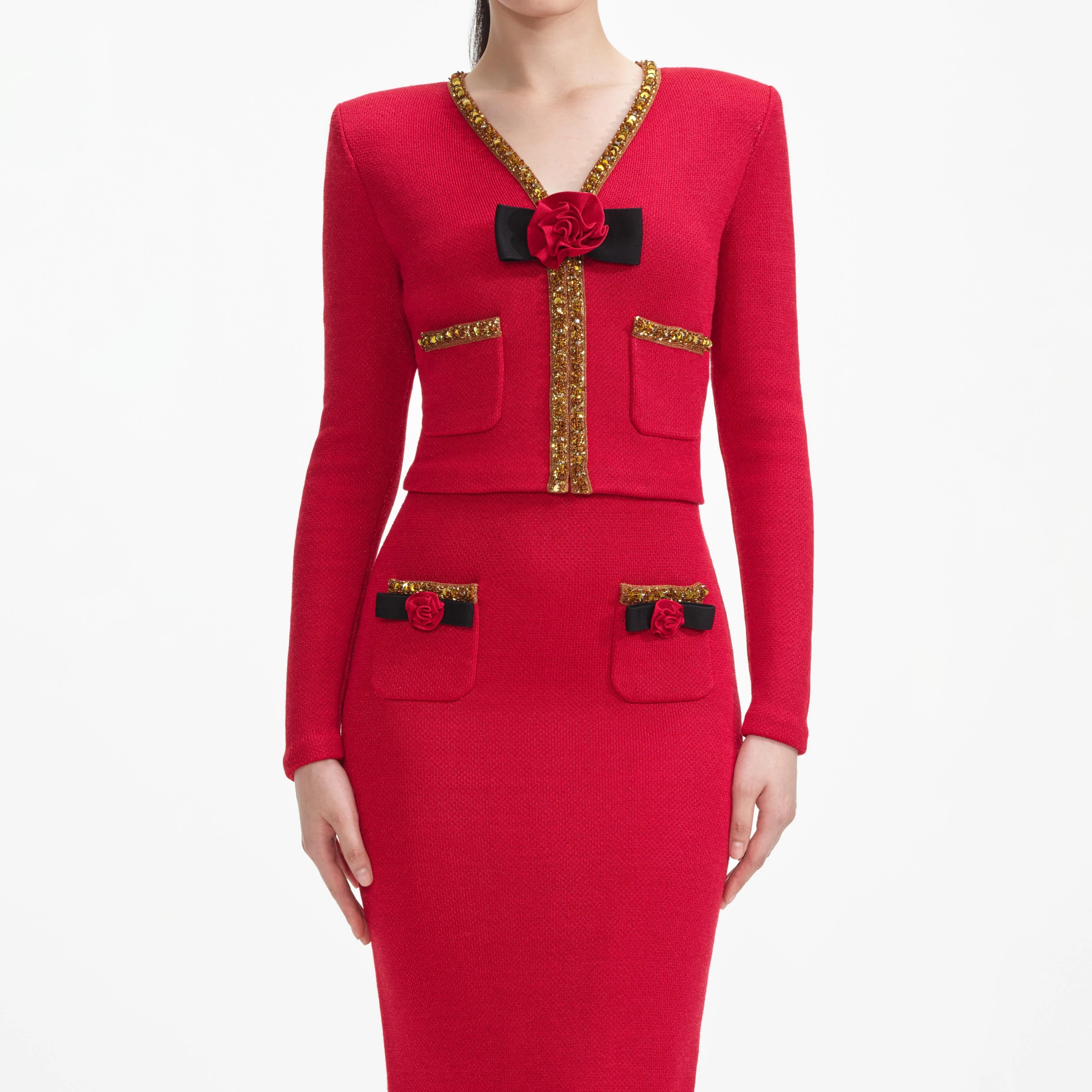 Red Textured Knit Corsage Cardigan - Image 4
