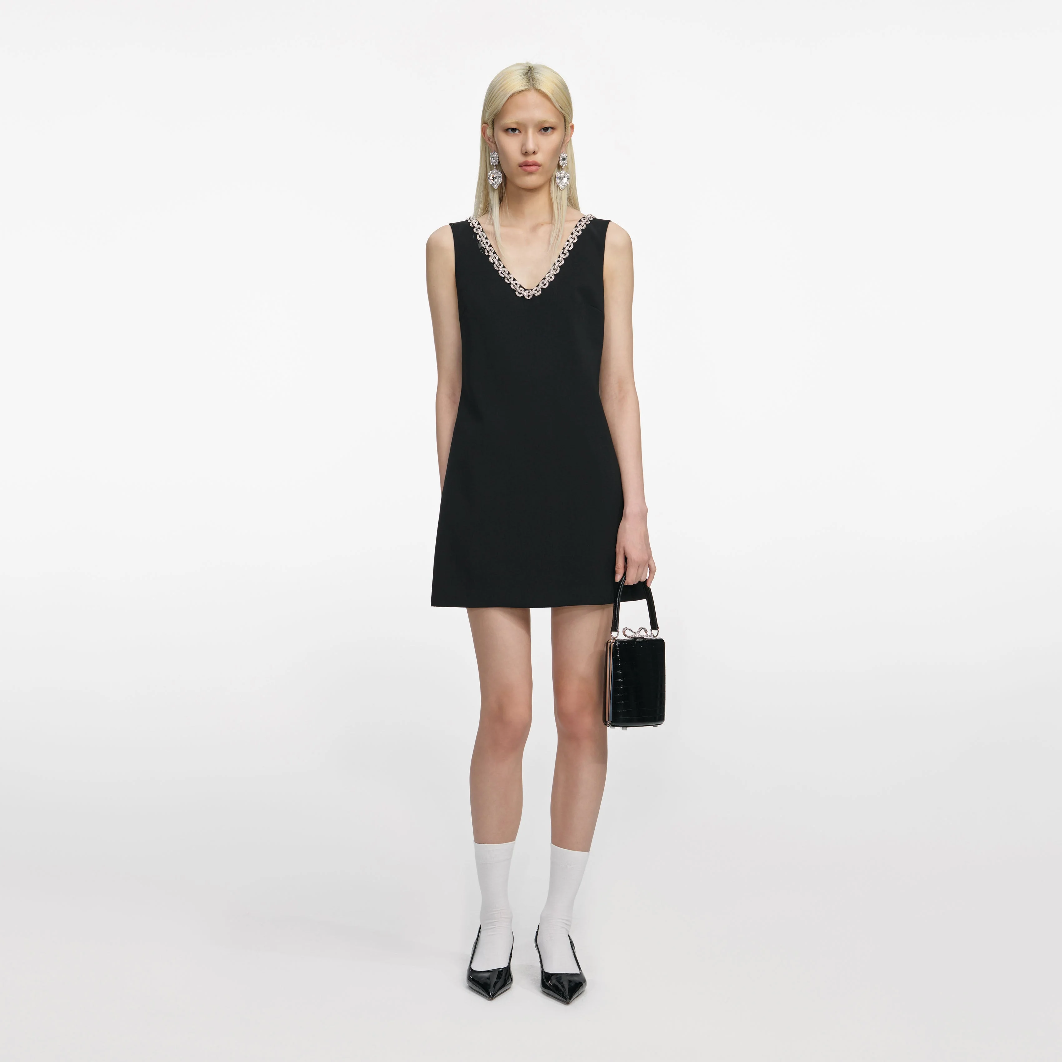 Black Crepe Crystal Trim Mini Dress