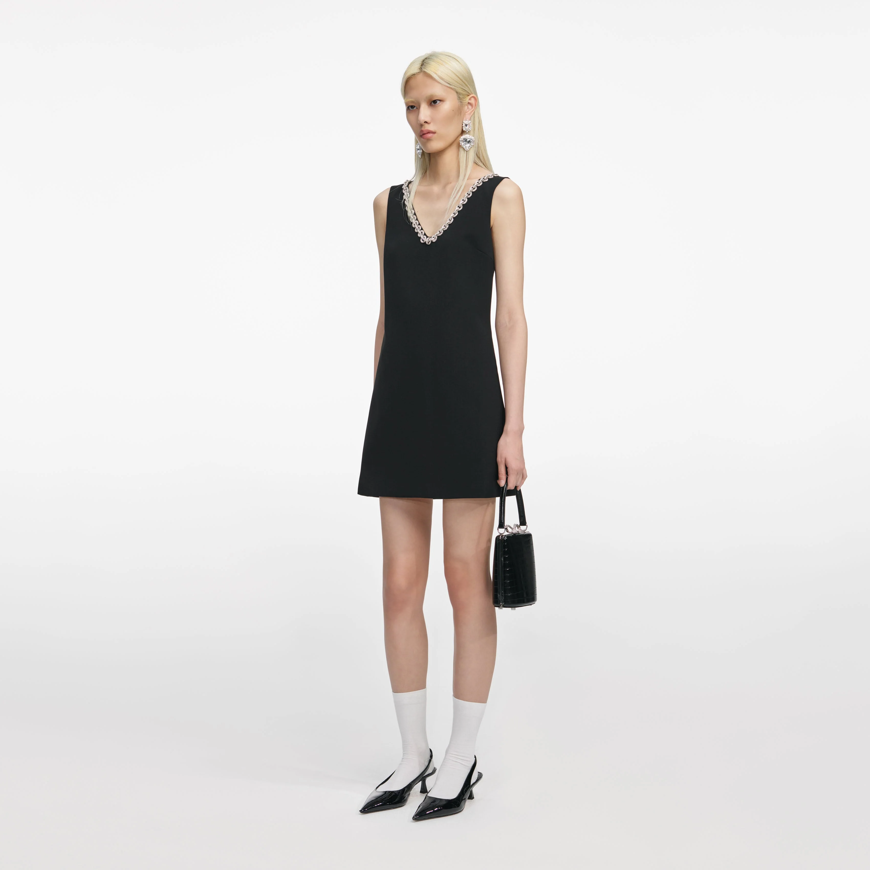 Black Crepe Crystal Trim Mini Dress - Image 2