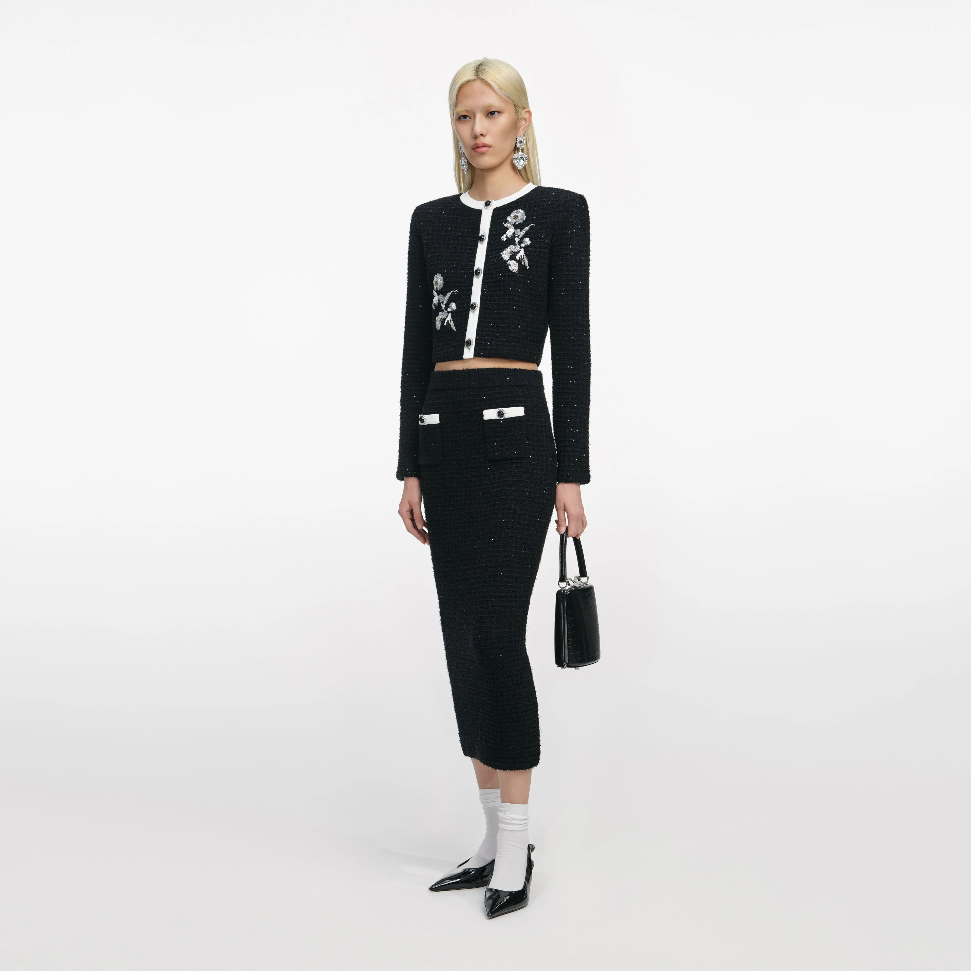 Black Floral Textured Knit Jacket - Image 2
