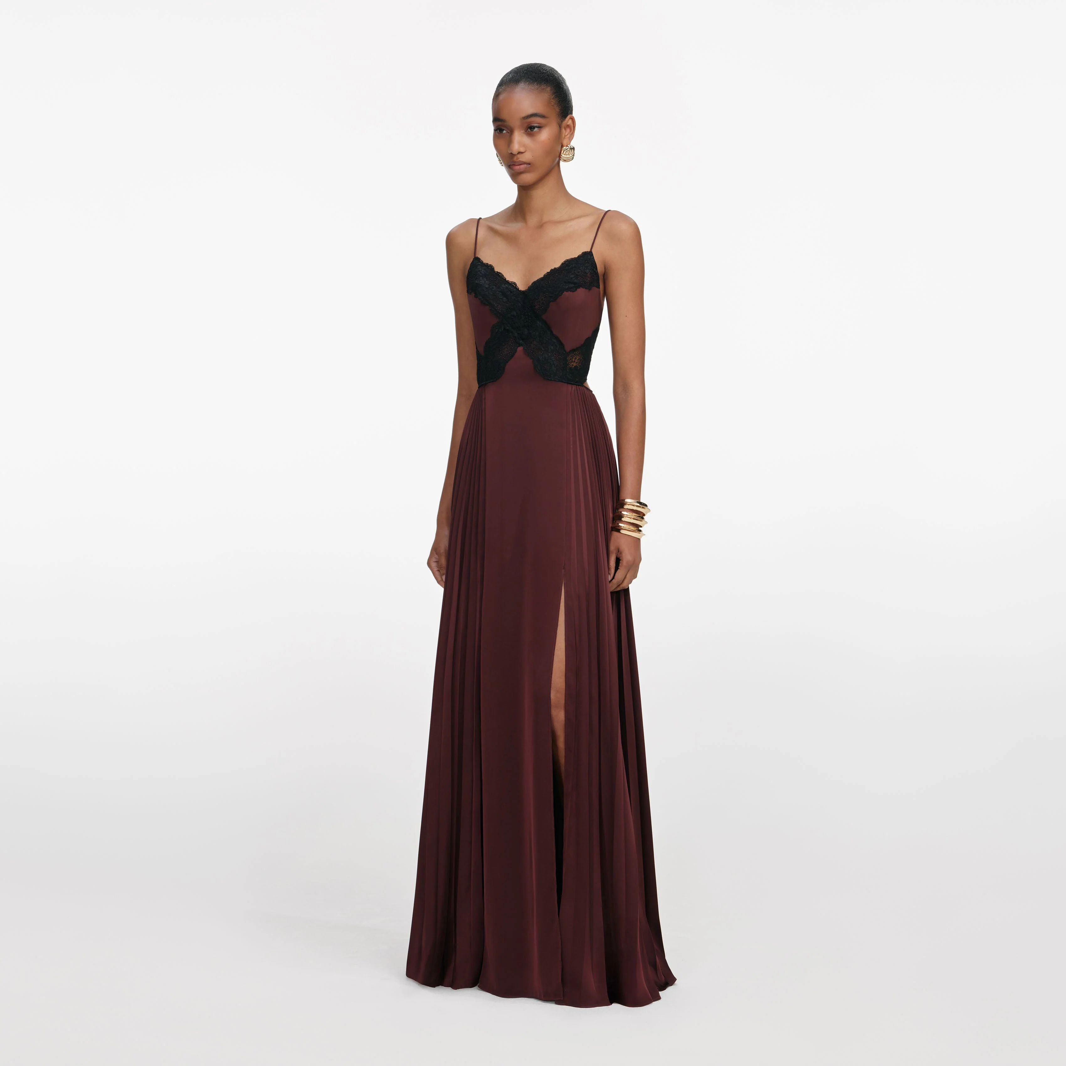 Brown Satin Lace Maxi Dress - Image 2
