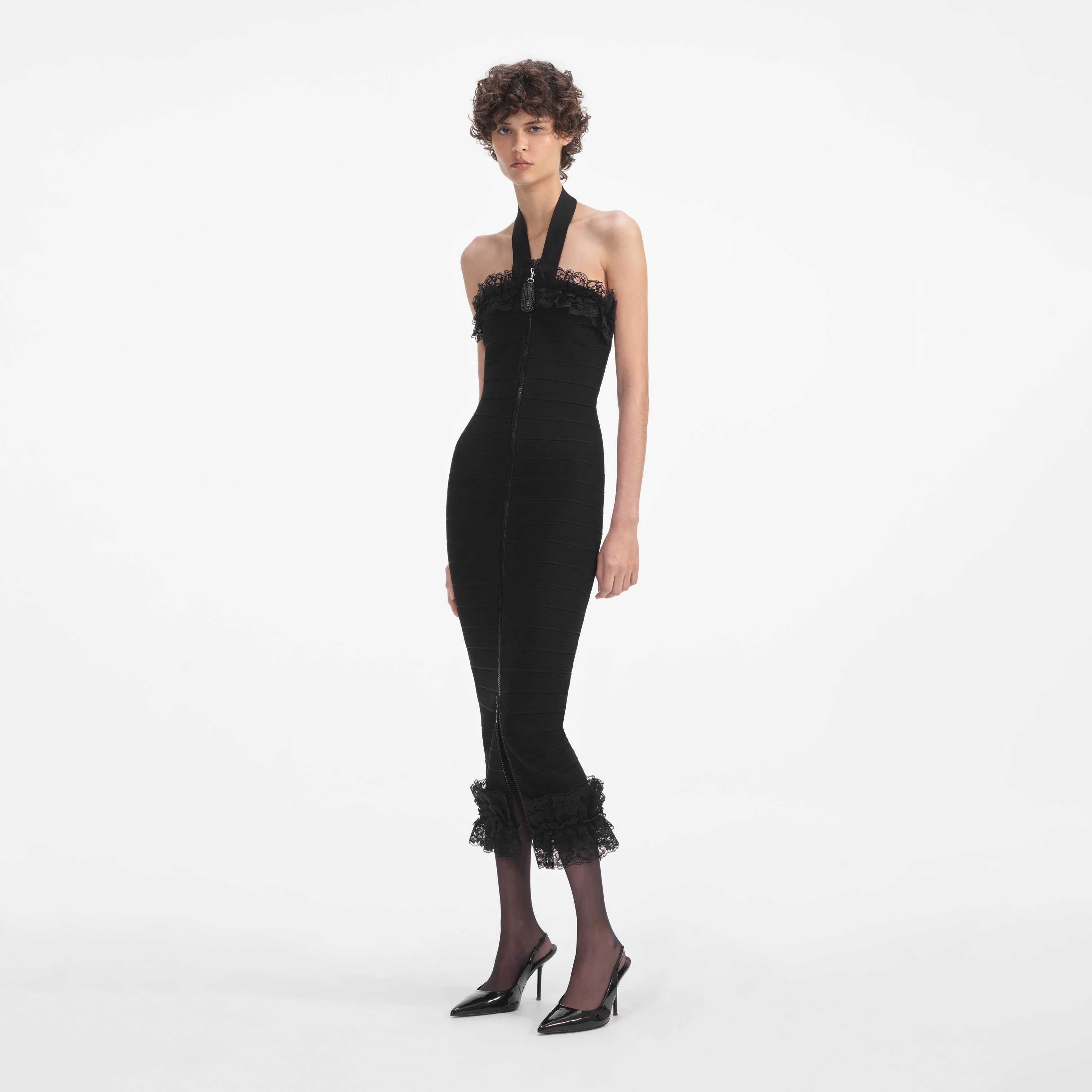 Black Knit Zip Ruffle Midi Dress - Image 2