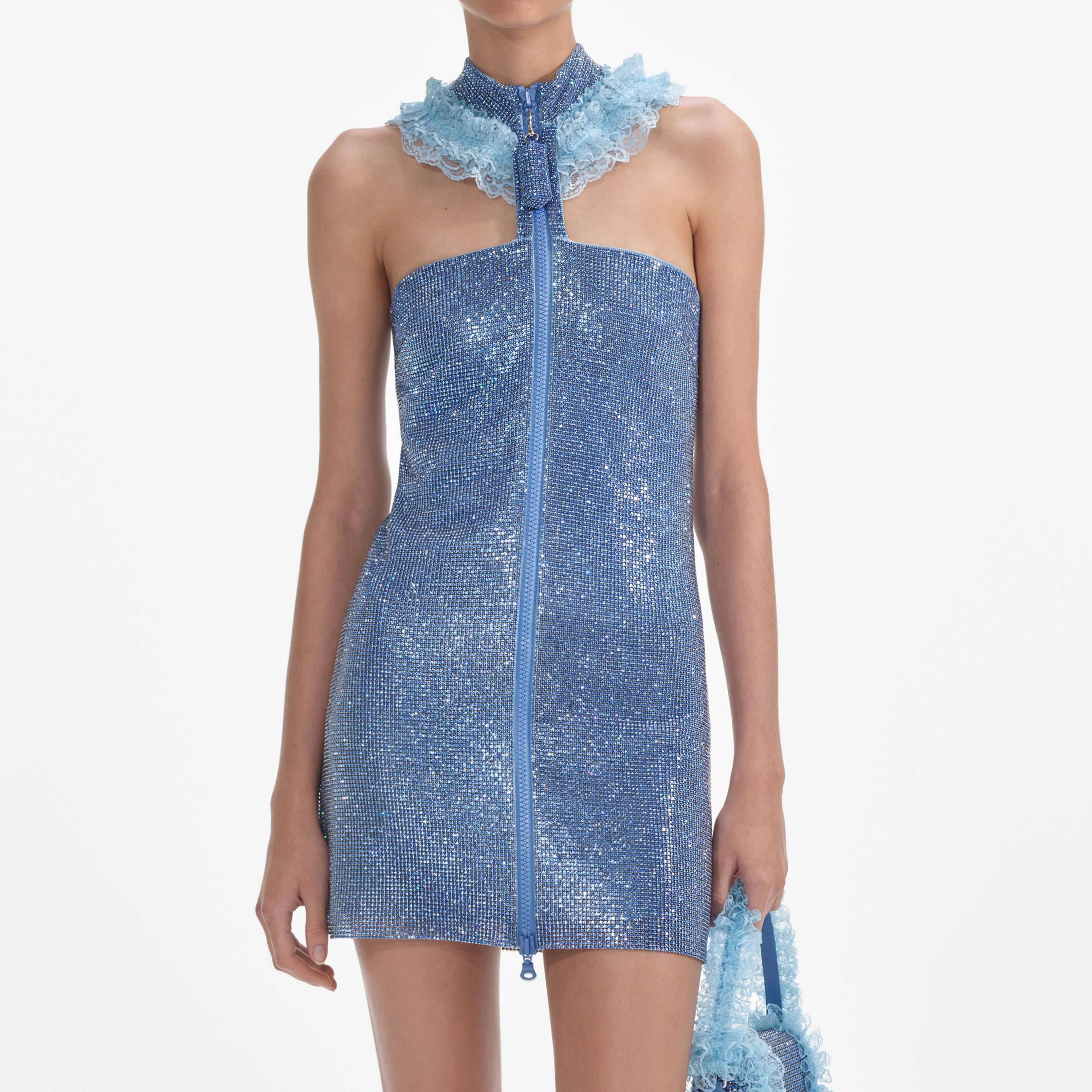 Blue Crystal Chainmail Zip Mini Dress - Image 4