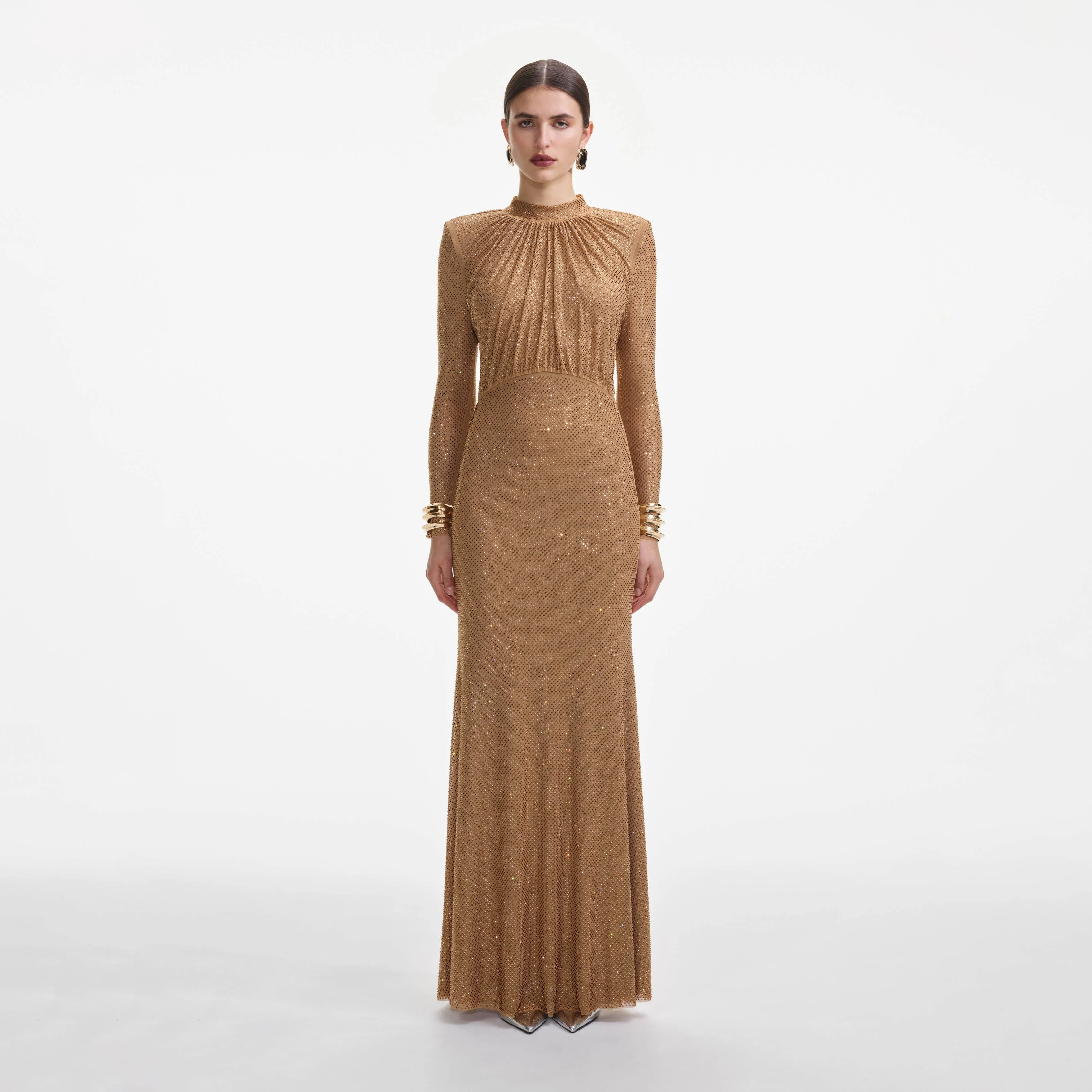 Brown Rhinestone Gathered Maxi Dress