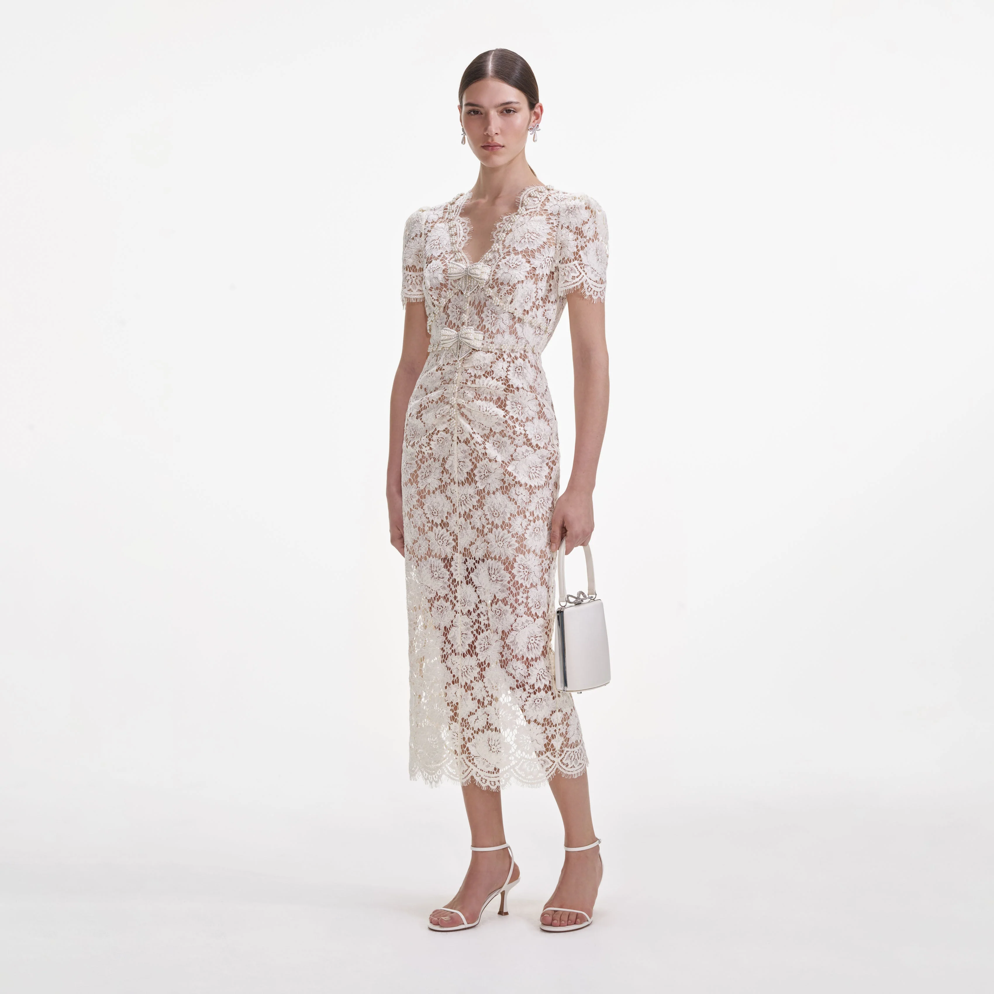 Cream Fine Lace Pearl Midi Dress - Image 2