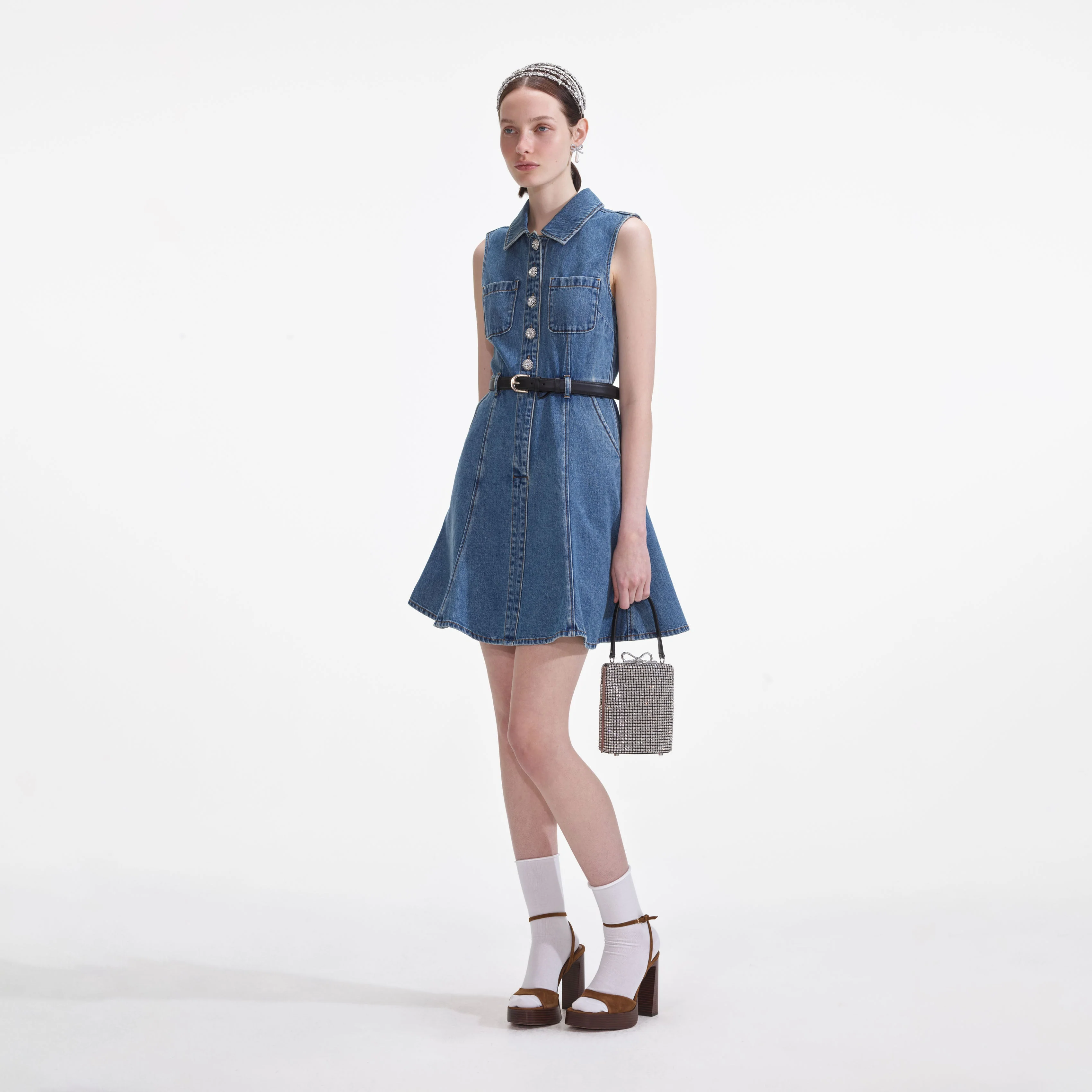 Denim Sleeveless Pearl Mini Dress - Image 2