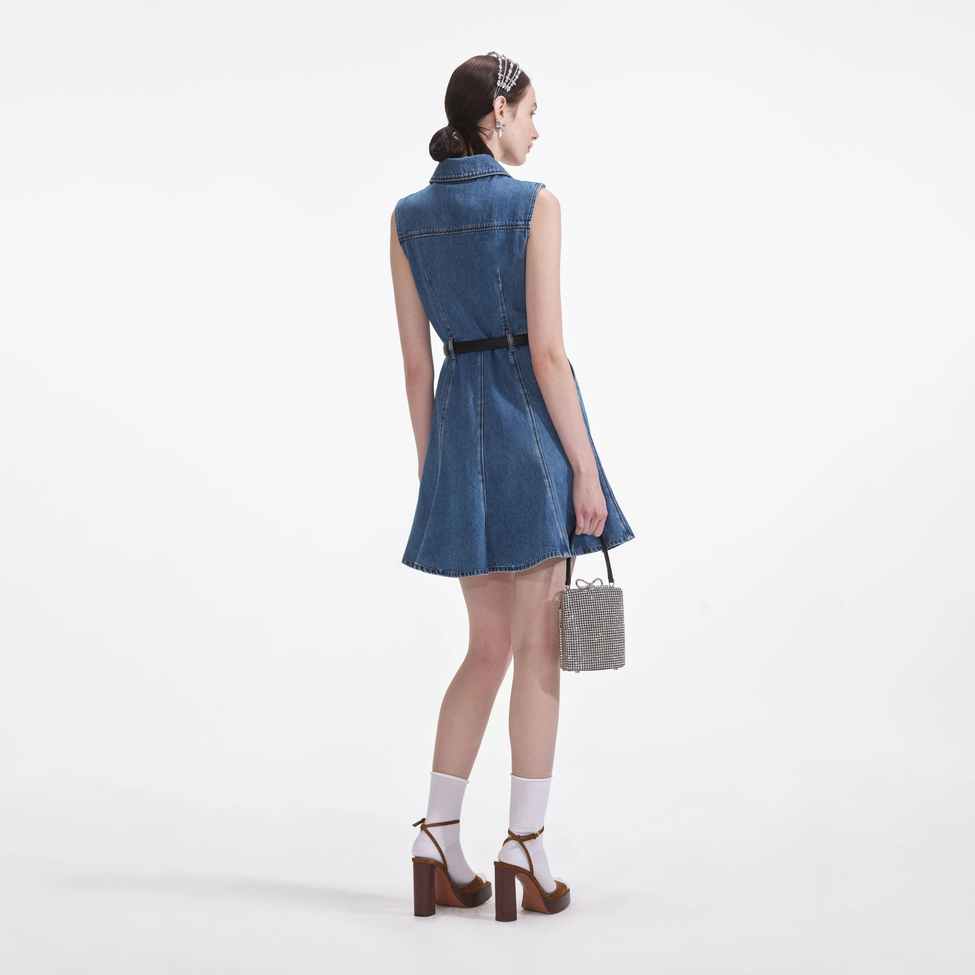 Denim Sleeveless Pearl Mini Dress - Image 3